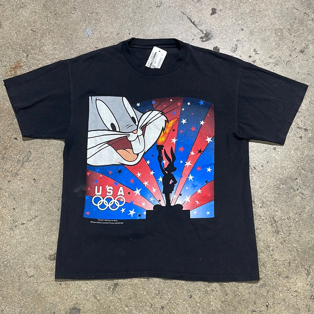 1995 Bugs Bunny USA Olympic Tee - Black Size Medium
