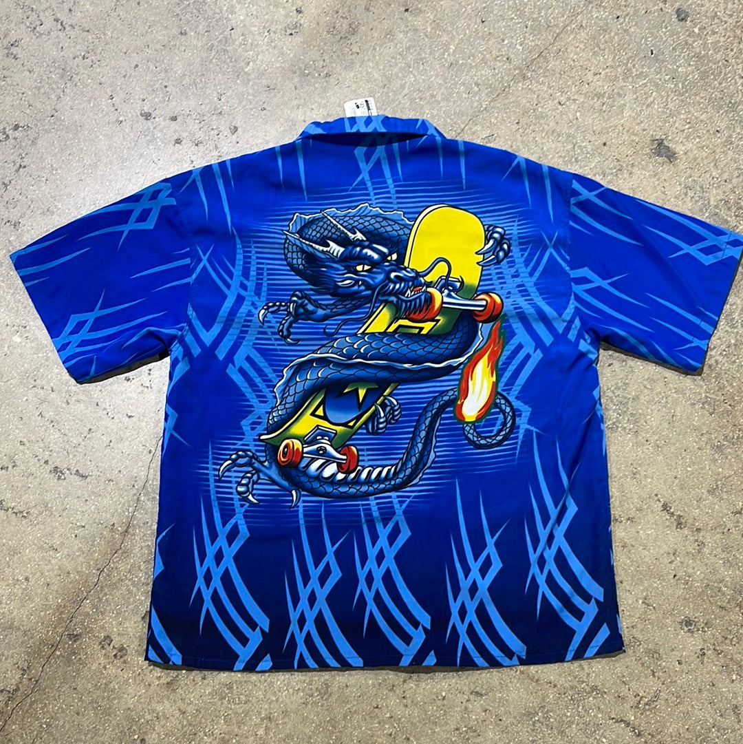 Skateboarding Dragons Rayon Button Up Shirt - Royal Blue Size XL