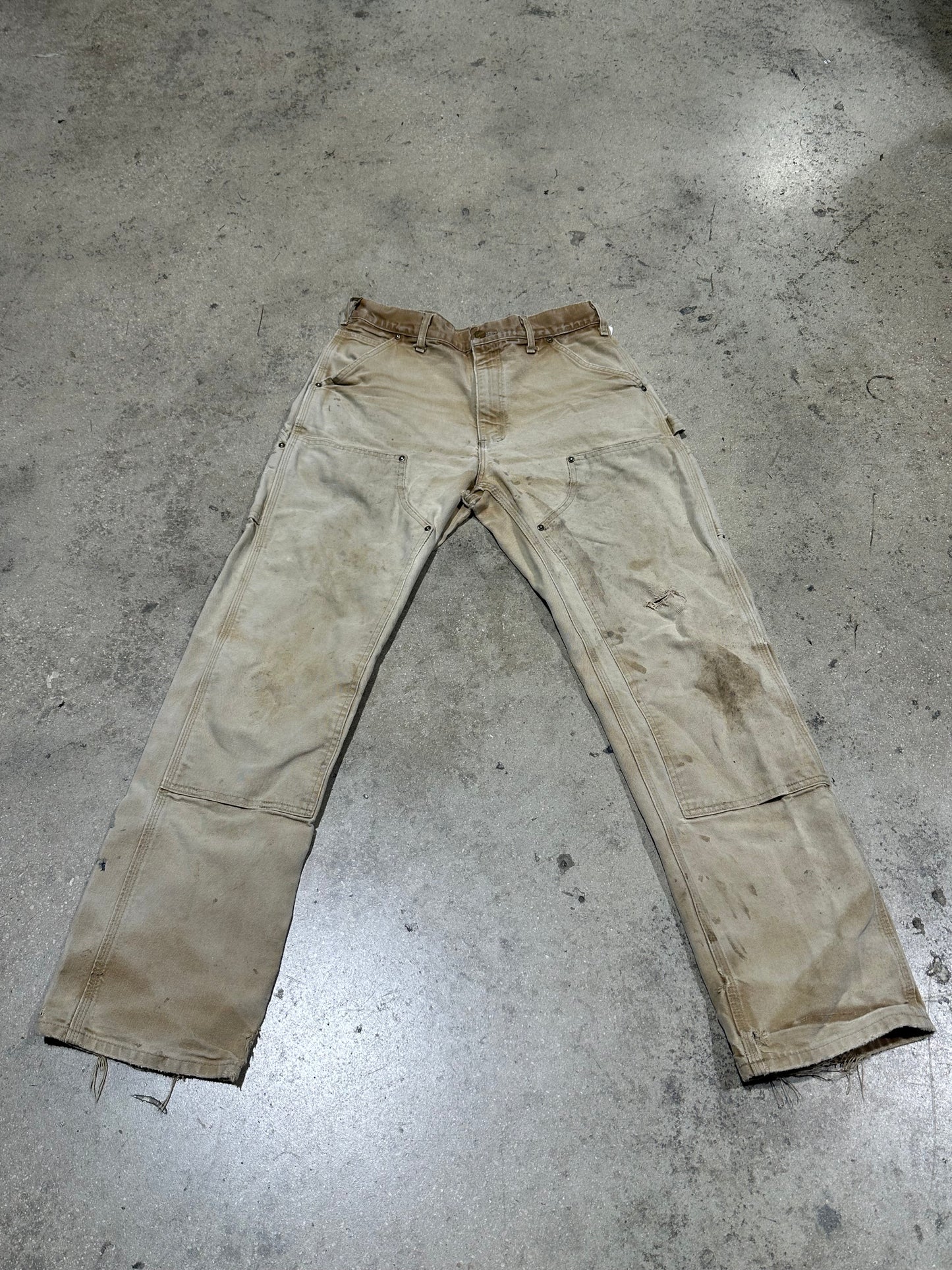 Distressed Carhartt Double Knee Pants - Faded Khaki Size 32x34