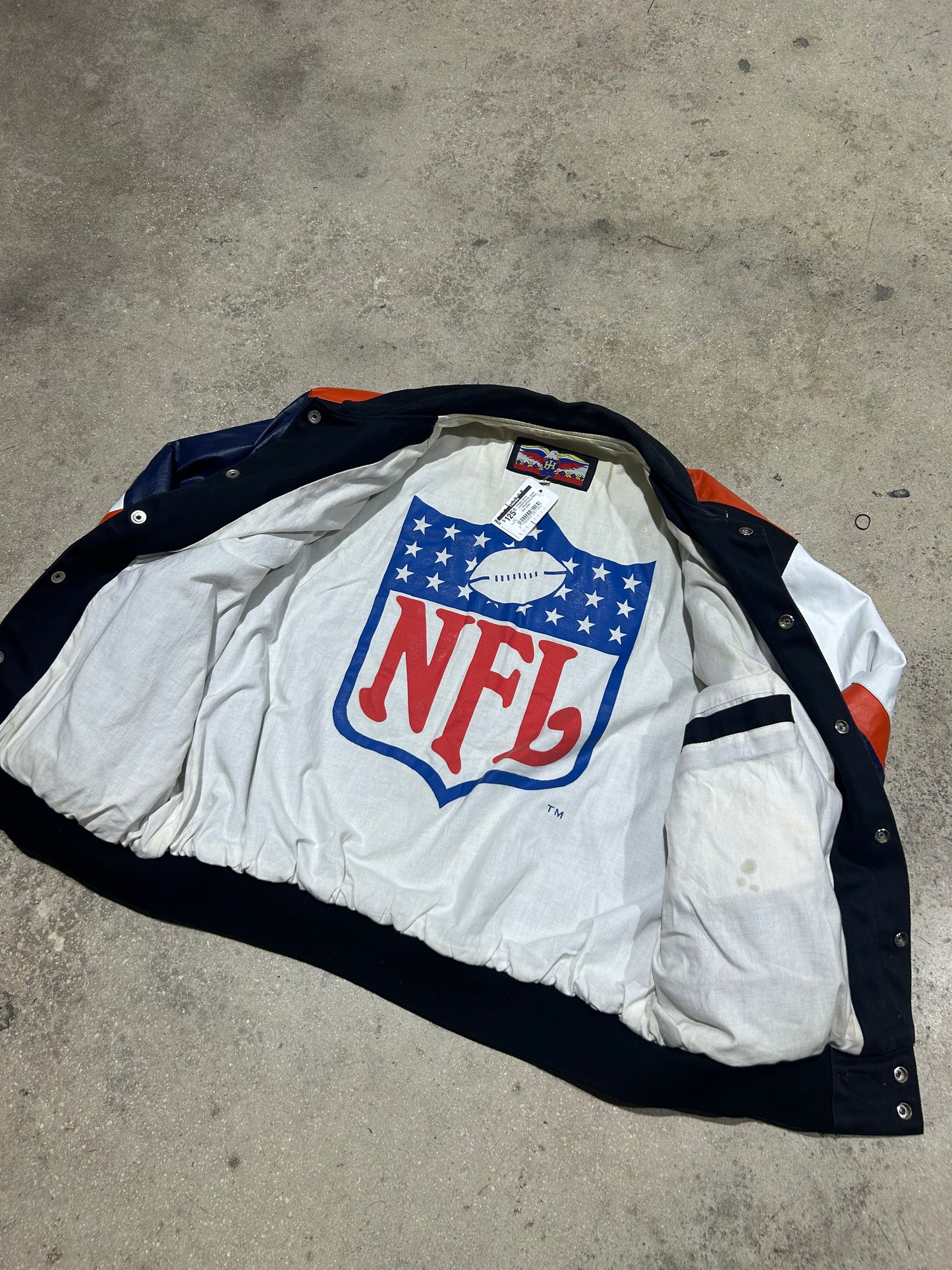Chicago Bears Leather/Denim Jacket - Black/Orange/Navy Size Large