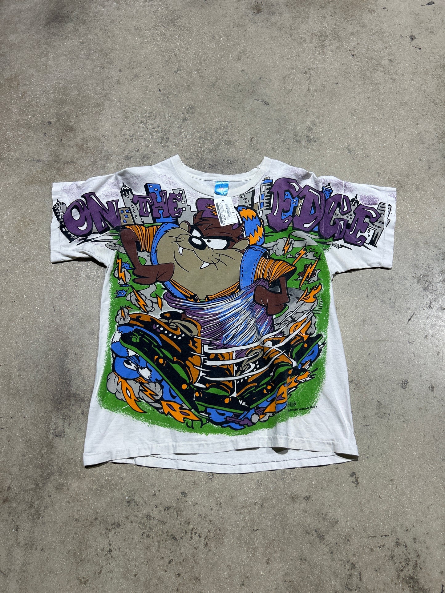 1994 Looney Tunes Taz AOP Rollerblading Tee - White/Multi Size Large