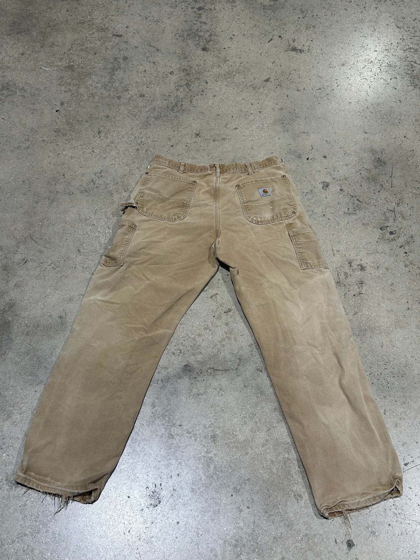 Distressed Carhartt Double Knee Pants - Faded Khaki Size 36x32