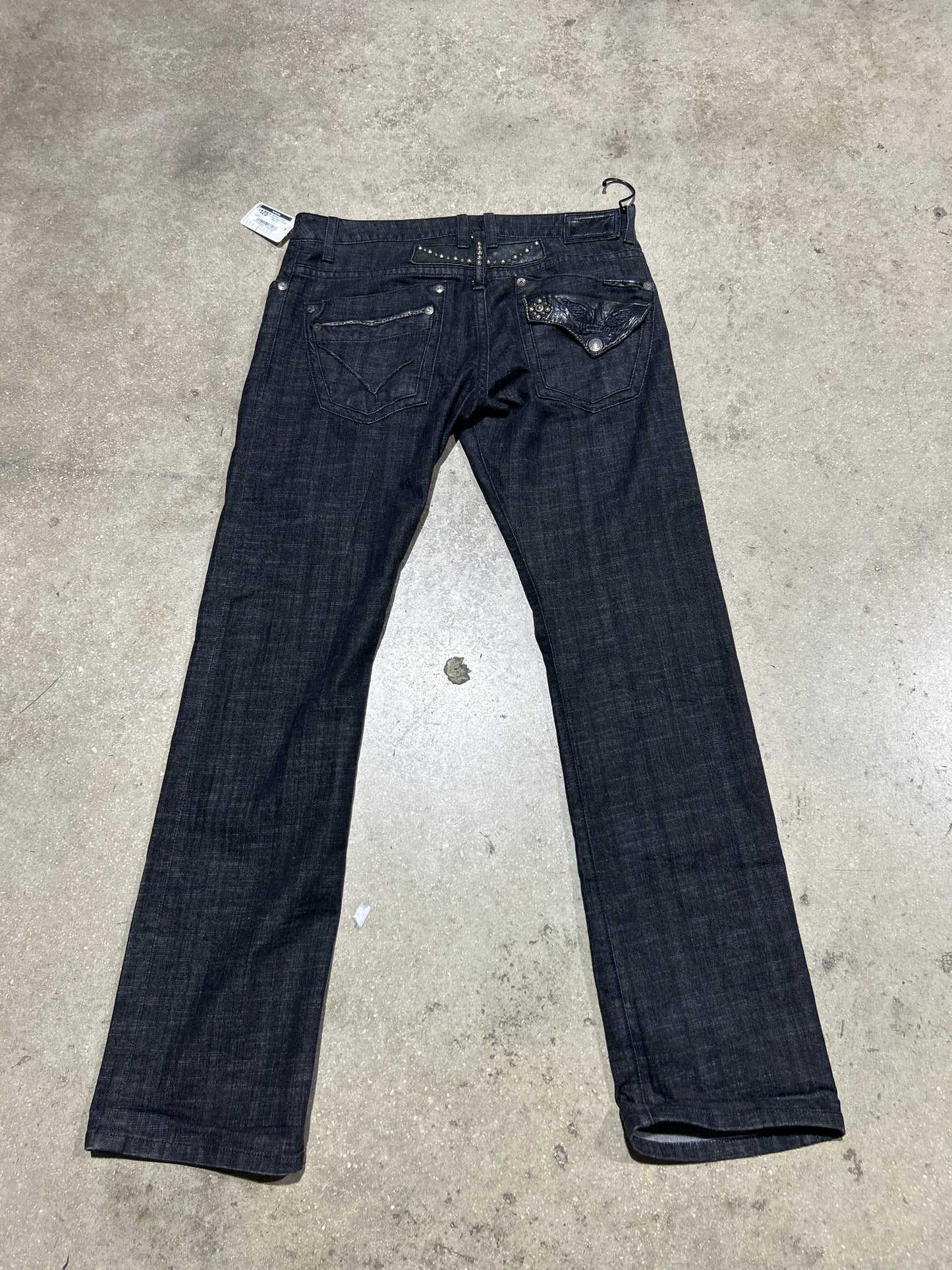 Bedazzled Leather Pocket Robin's Denim - Black 34