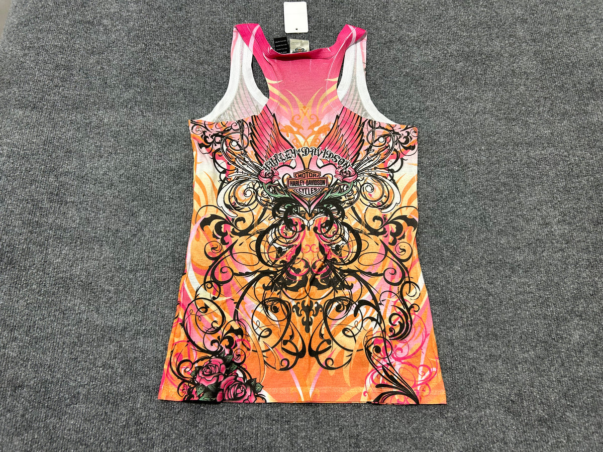 WMNS Harley Davidson Tattoo Print Tank Top - Orange/Multi Size Medium