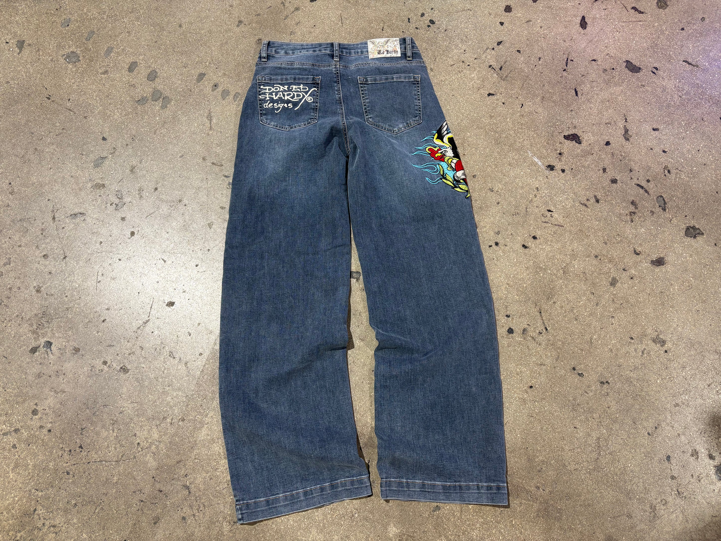 Ed Hardy Embroidered Baggy Denim Jeans - Blue Size 28