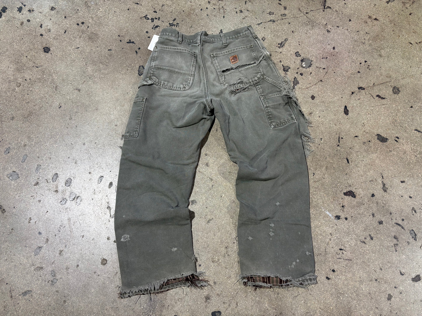 Distressed Carhartt Blown Out Flannel Lined Pants - Olive Size 32 x 30