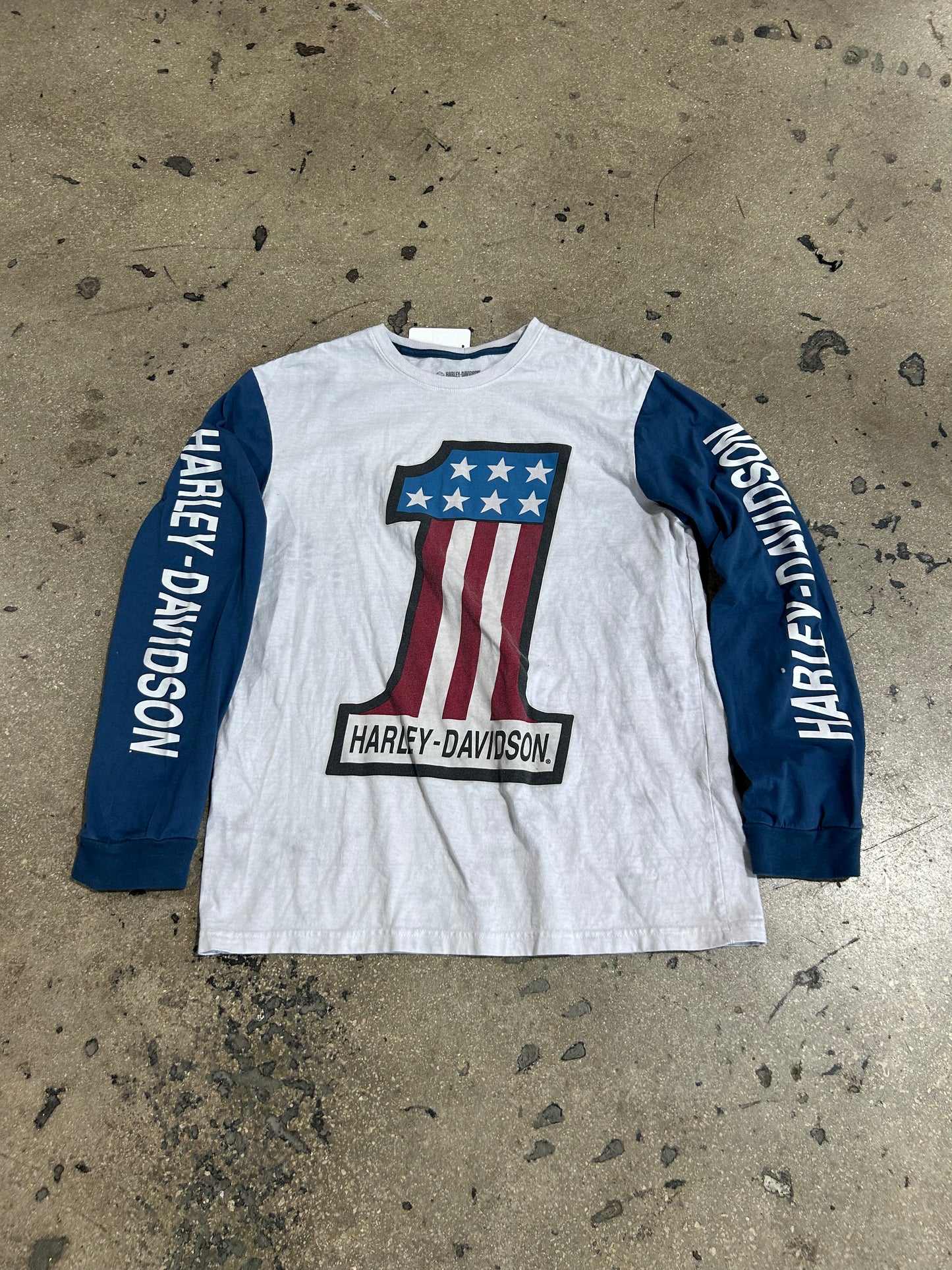 Harley Davidson #1 Long Sleeve Tee - White/Blue Size Large