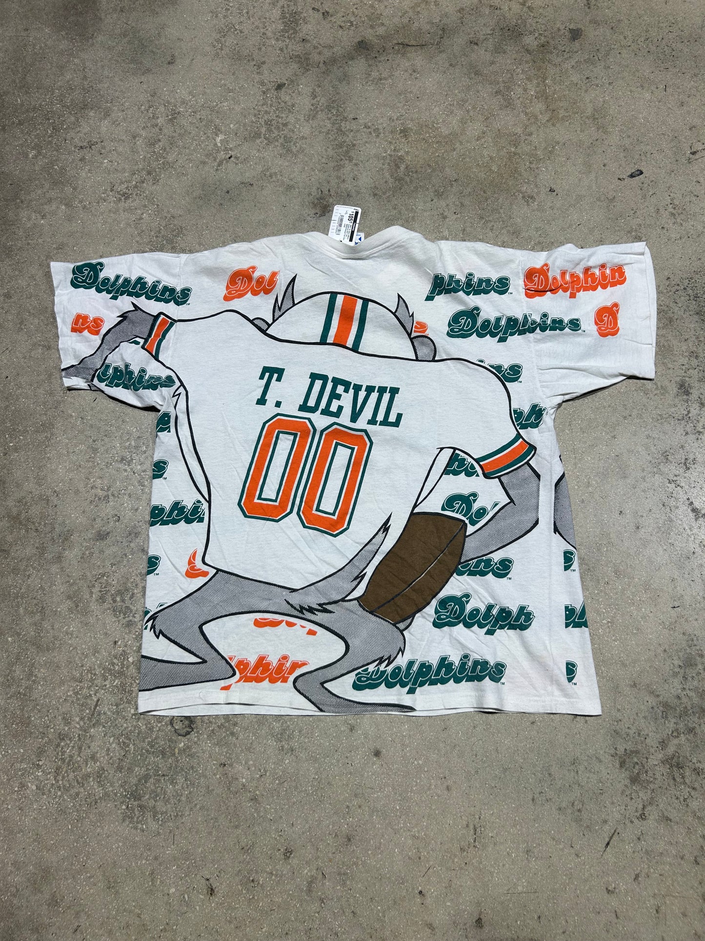 1992 Taz Devil Miami Dolphins AOP Tee - White/Orange/Teal Size Large
