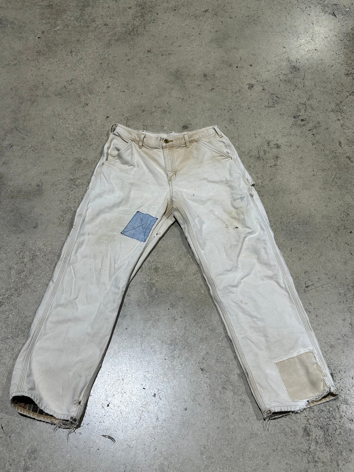 Distressed Carhartt Plaid Liner Carpenter Pants - Faded Light Khaki Size 33x30