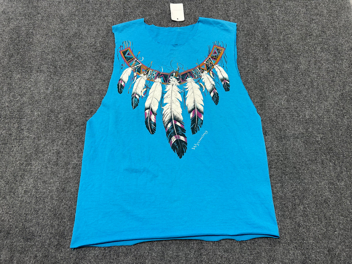 Wyoming Native Feathers Cutoff Tee - Aqua Blue Size Large