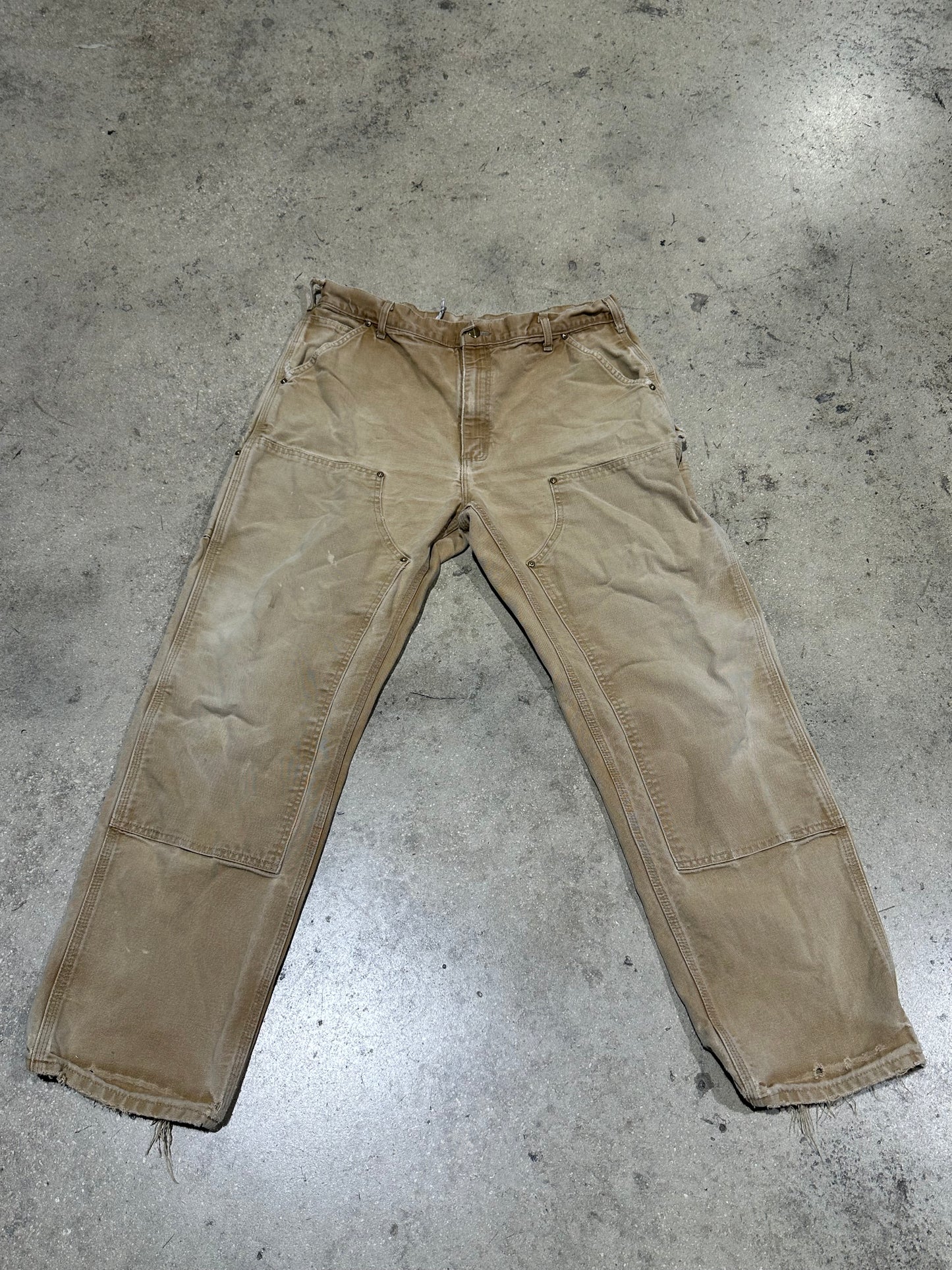 Distressed Carhartt Double Knee Pants - Faded Khaki Size 36x32