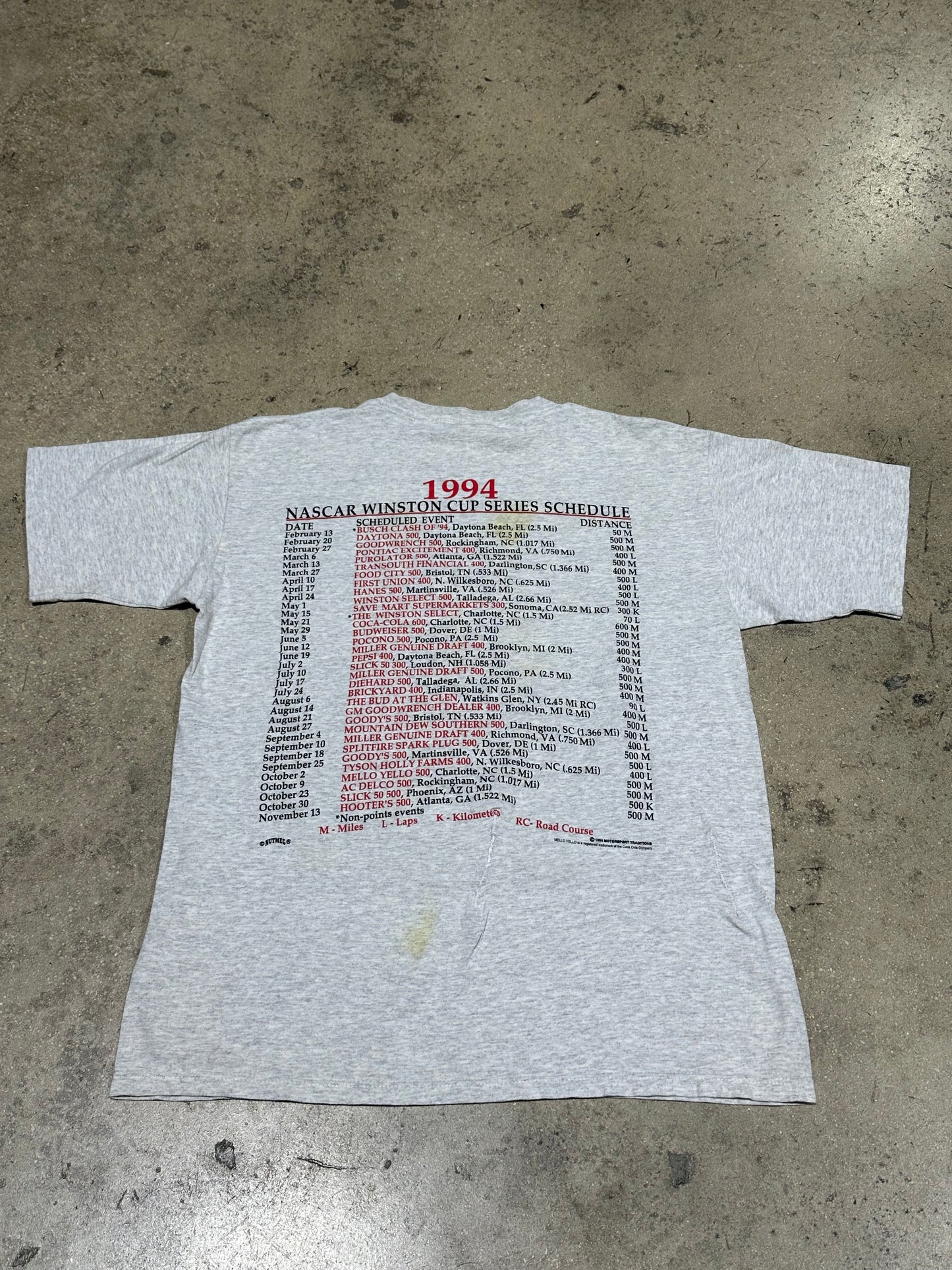 1994 Nascar Winston Cup Schedule Tee - Ash Grey Size Large
