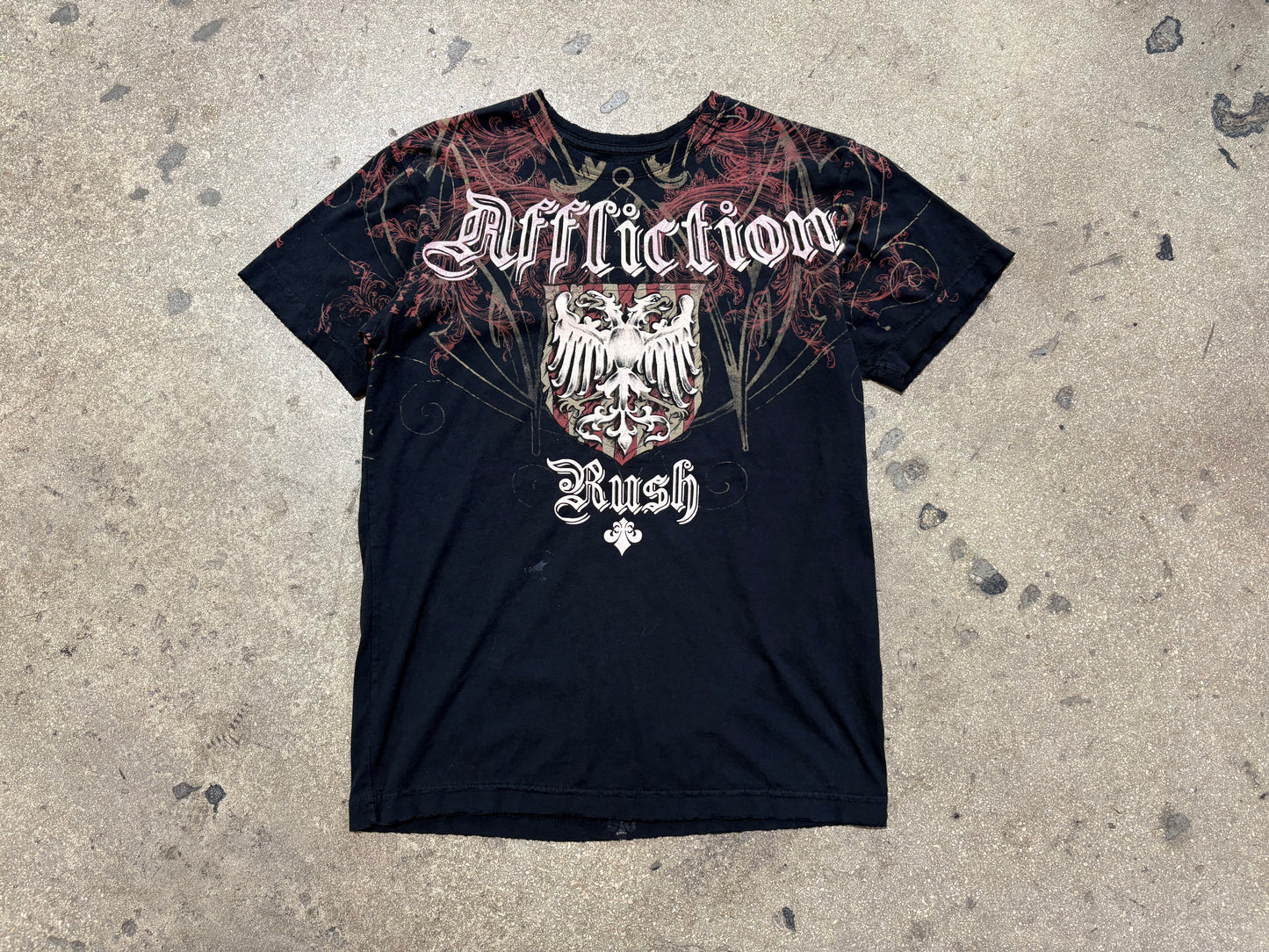Affliction Rush Eagle AOP Tee - Black/Maroon Size Small