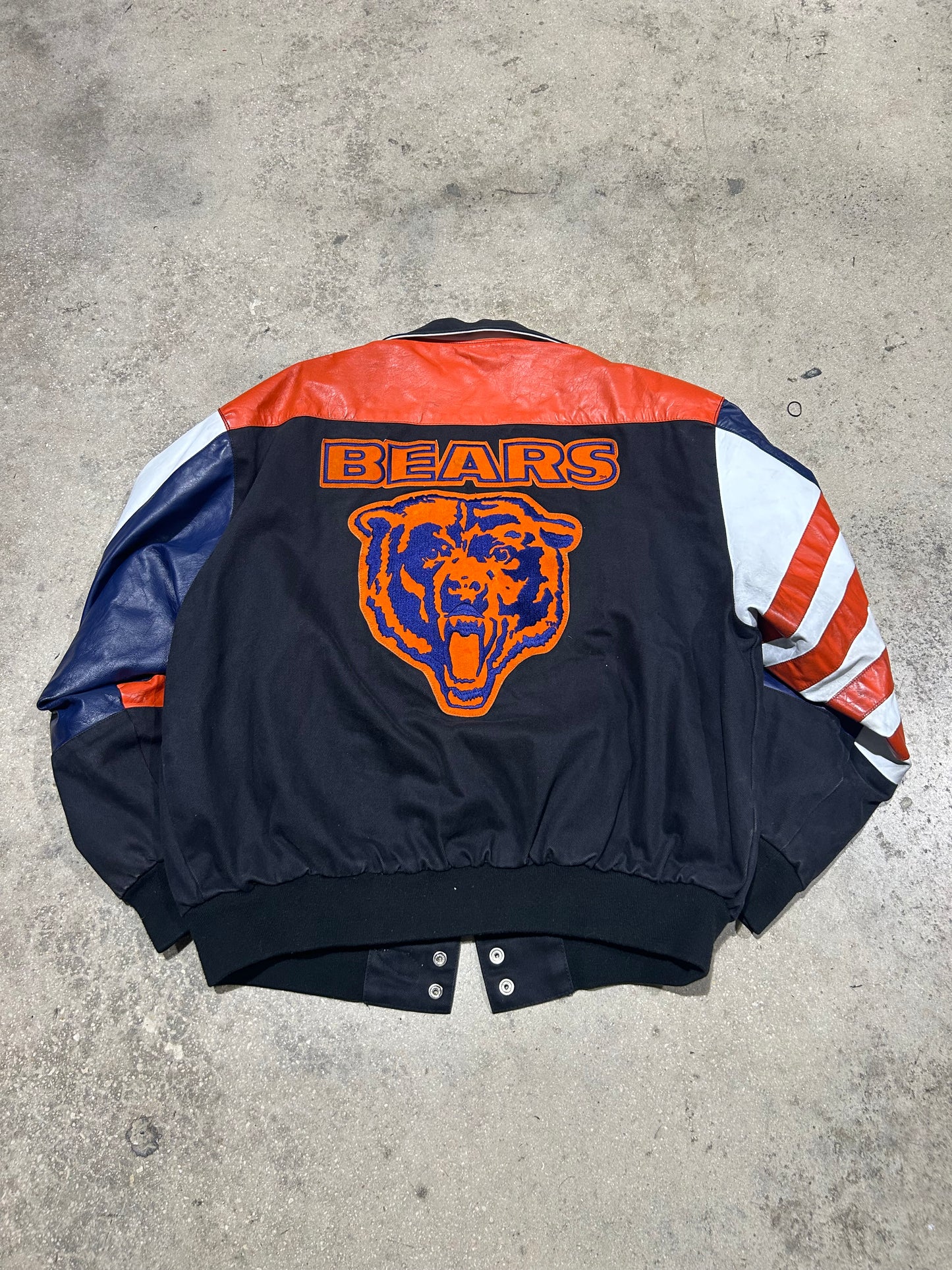 Chicago Bears Leather/Denim Jacket - Black/Orange/Navy Size Large