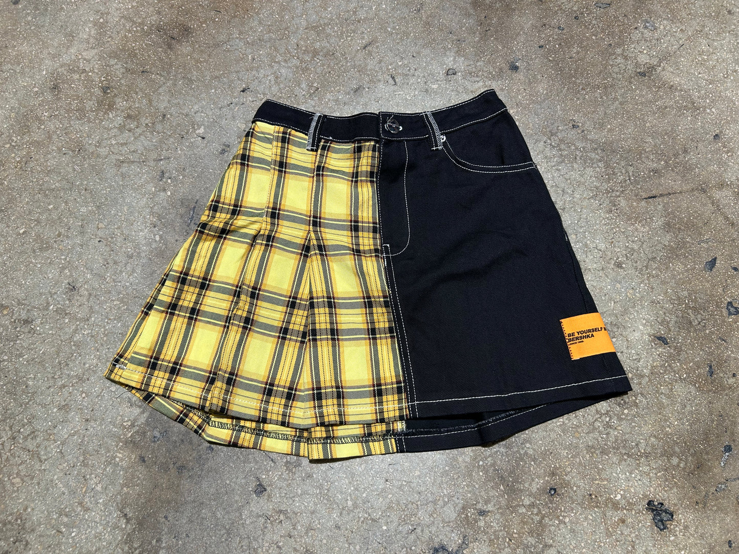 Bershka Half Plaid Half Denim Skirt - Black/ Yellow Size Small