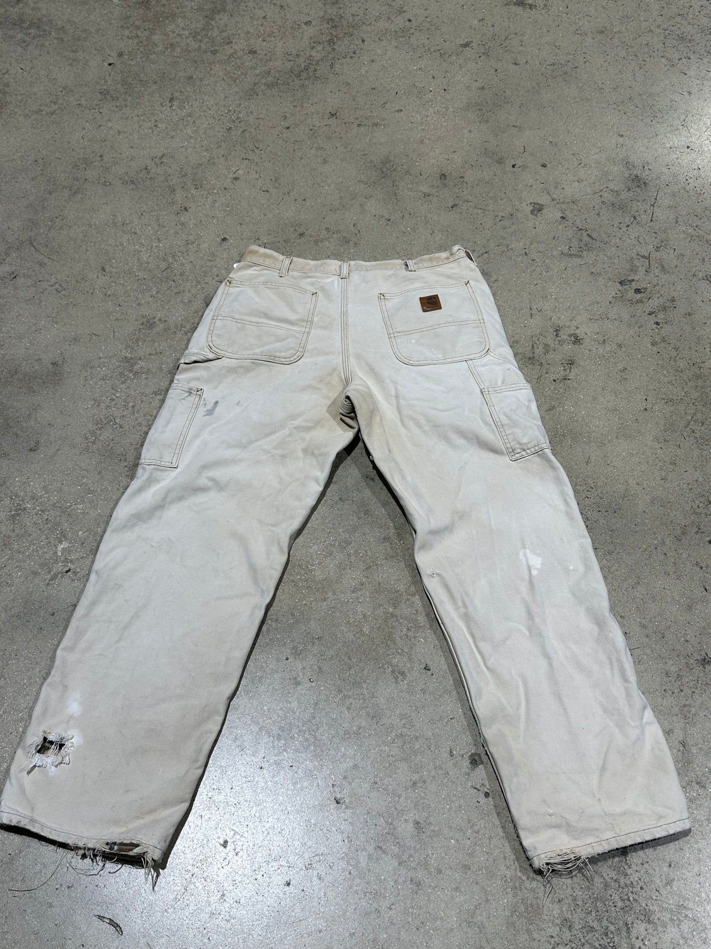 Distressed Carhartt Plaid Liner Carpenter Pants - Faded Light Khaki Size 33x30