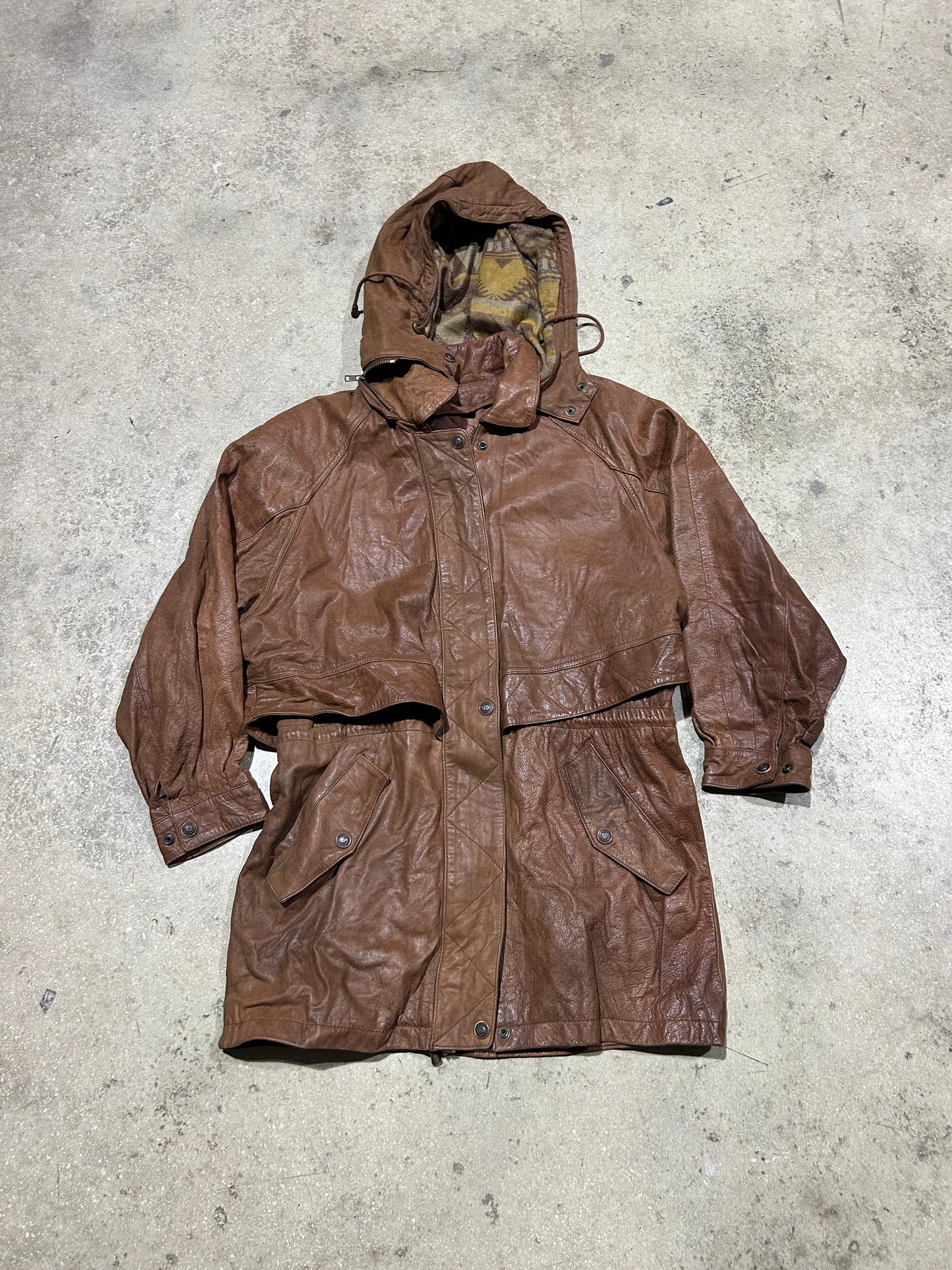 Heavy Leather Hooded Trench Coat - Brown Size Large