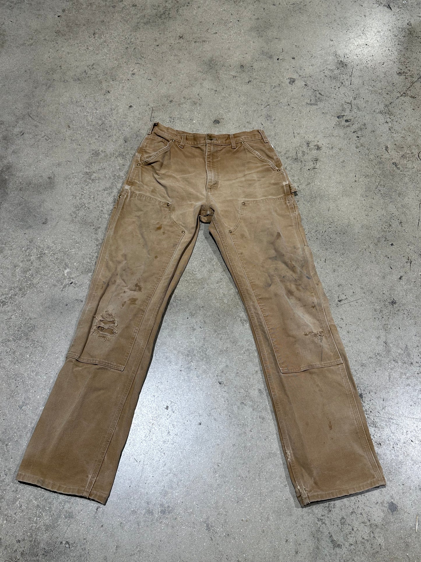 Distressed Carhartt Double Knee Pants - Faded Khaki Size 32x34