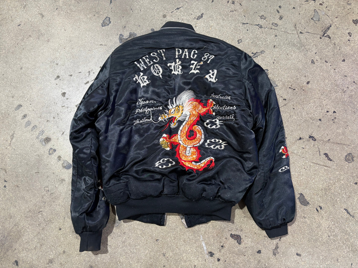 1987 West Pac, Korea Dragon Embroidered Satin Bomber Jacket Size Large
