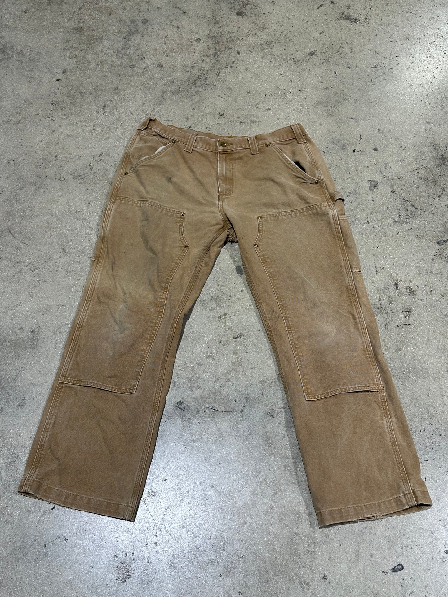 Distressed Carhartt Double Knee Pants - Faded Khaki Size 36x30
