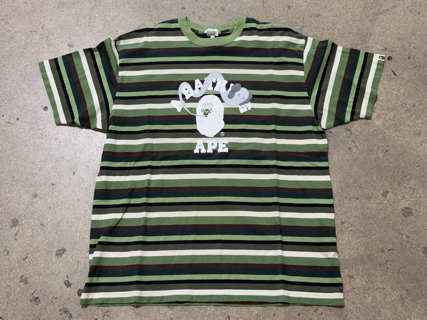 Bape x Kaws Striped College Logo Tee - Green/Black Size XXL