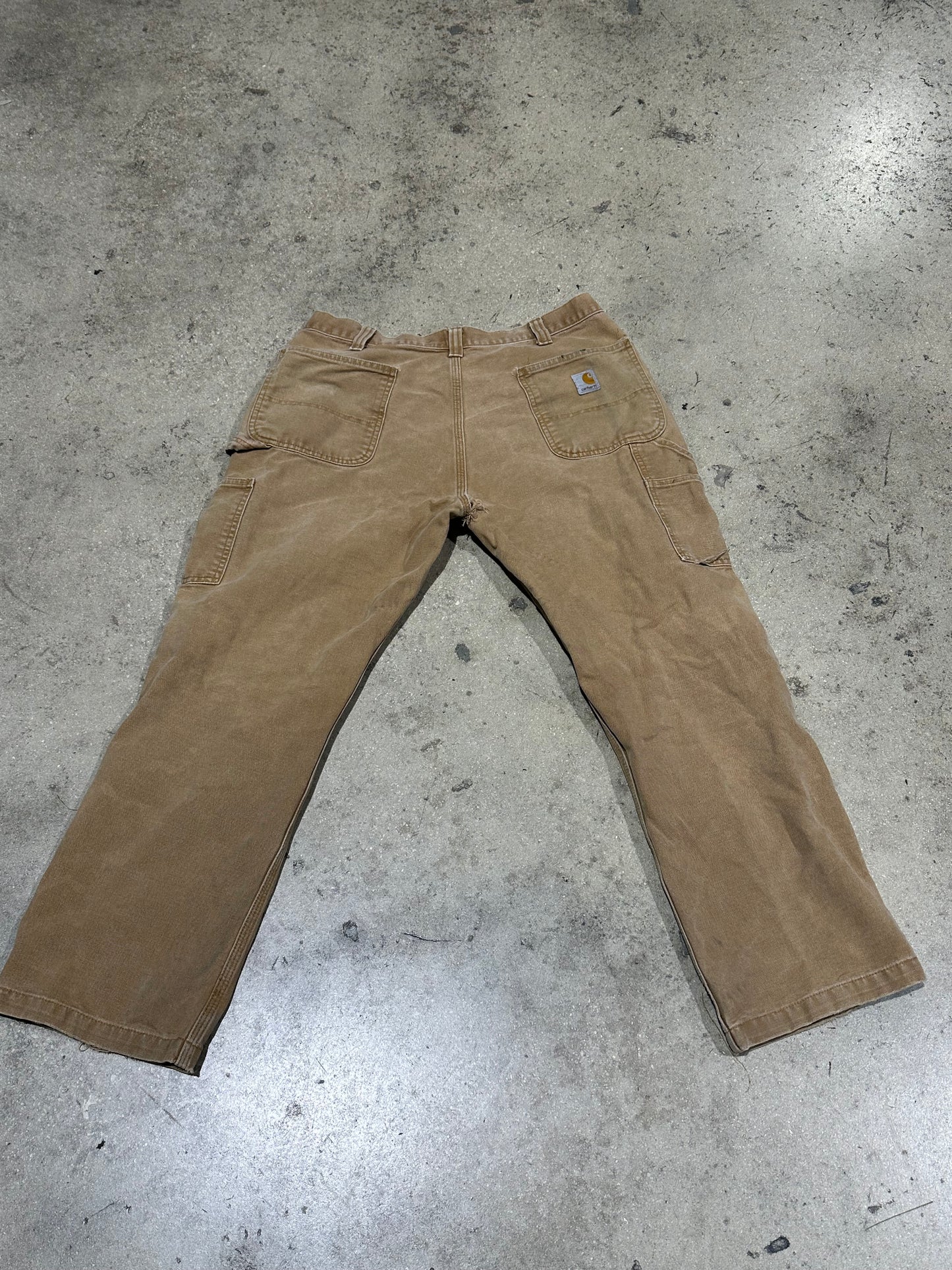 Distressed Carhartt Double Knee Pants - Faded Khaki Size 36x30