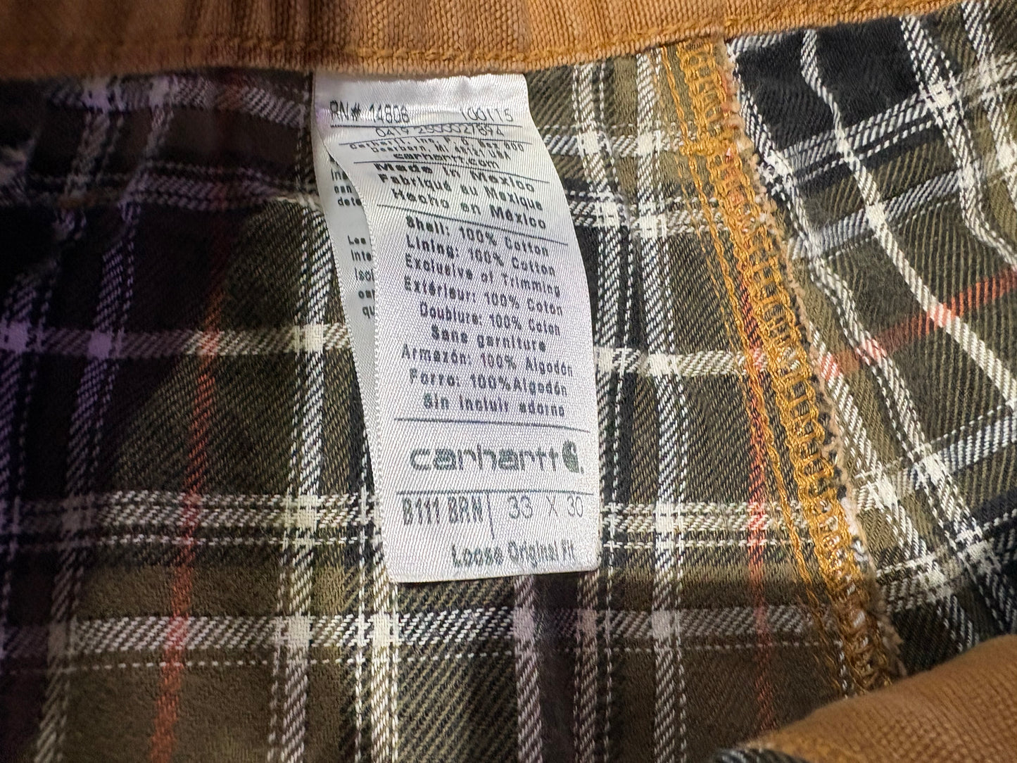 Distressed Carhartt Plaid Liner Carpenter Pants - Dark Khaki Size 33x30