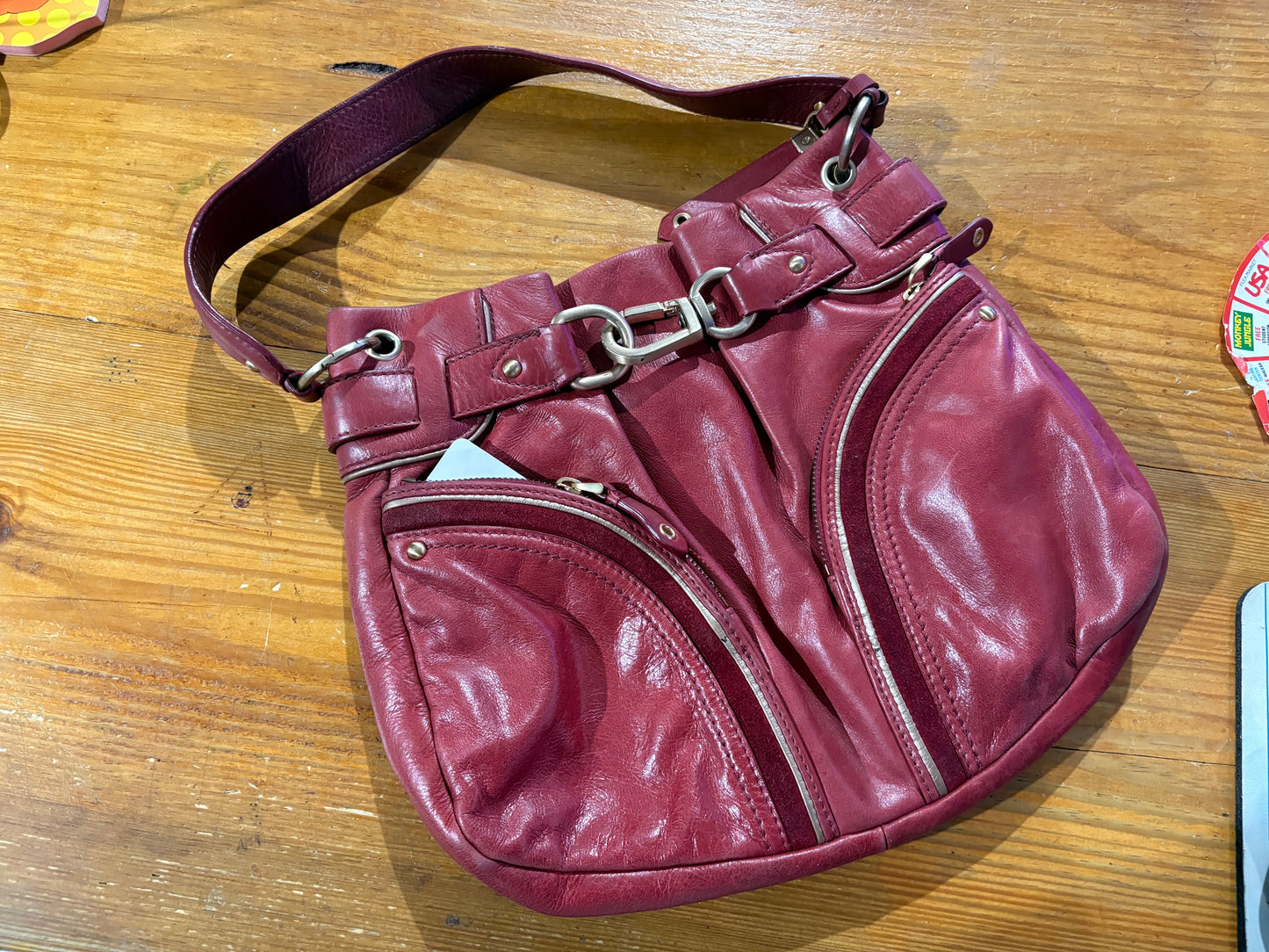 Cole Haan Red Leather Gold Accents with Zippers Satchel Bag - Red