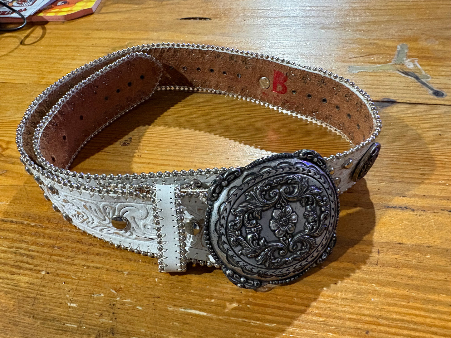 Western Studded Leather Belt - White Size Small