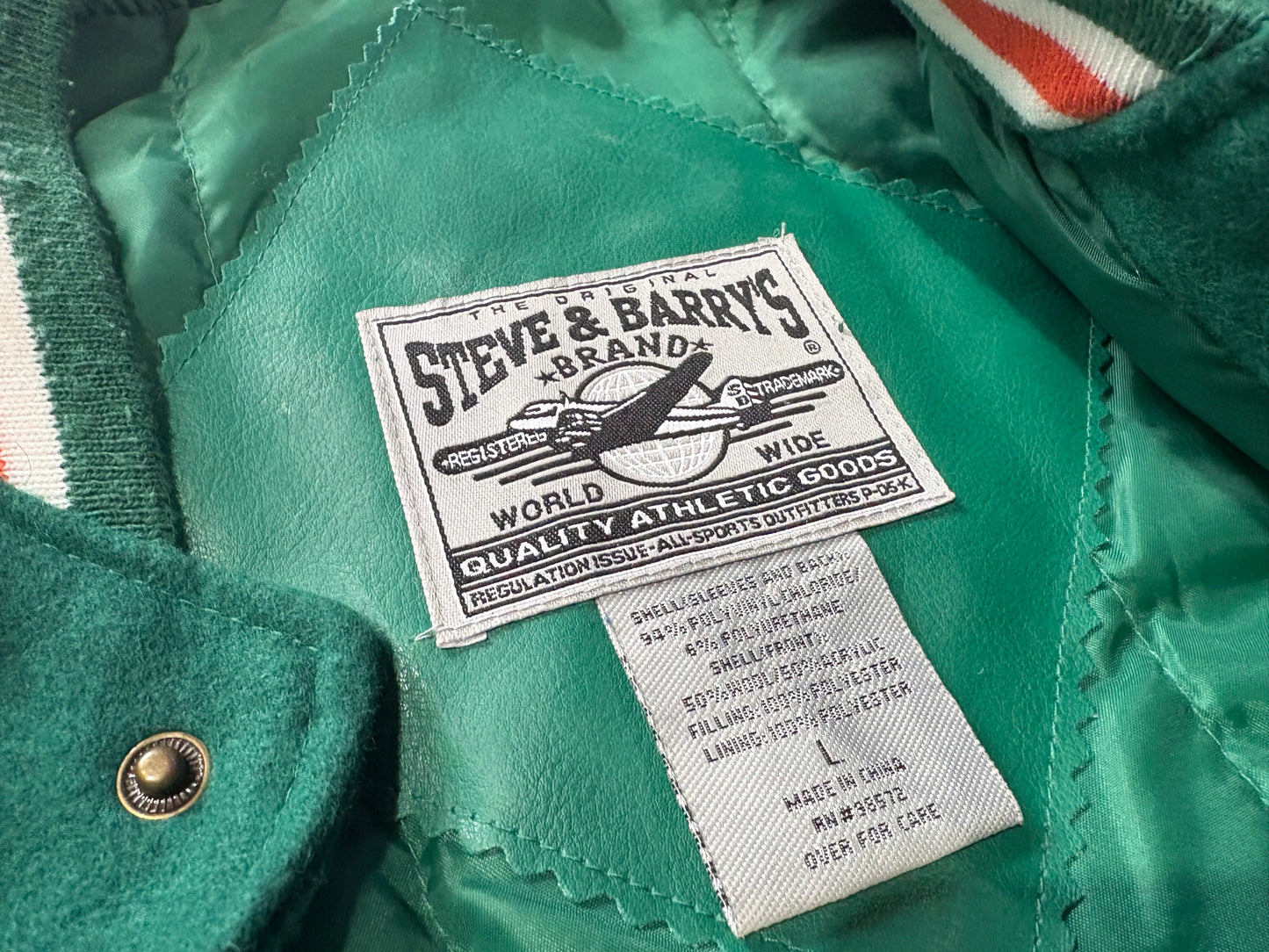Steve & Barrys Miami Hurricanes Leather Varsity Jacket - Green / Orange Size Large