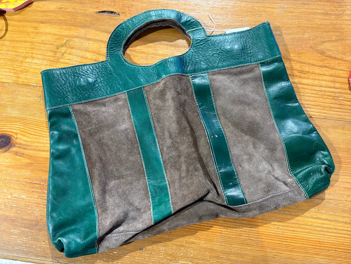 Suede Tote Bag w/ Leather - Green/Brown