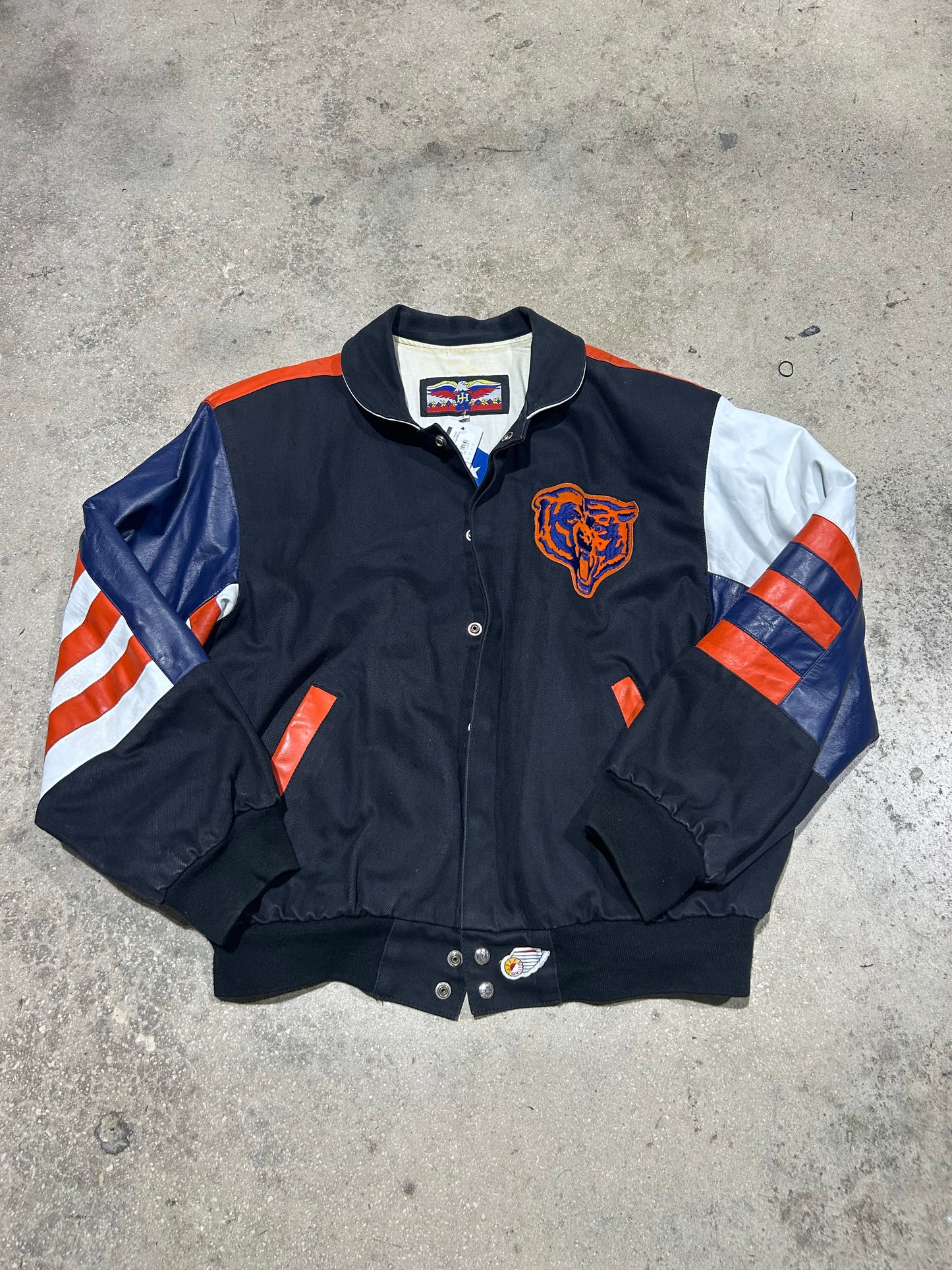 Chicago Bears Leather/Denim Jacket - Black/Orange/Navy Size Large