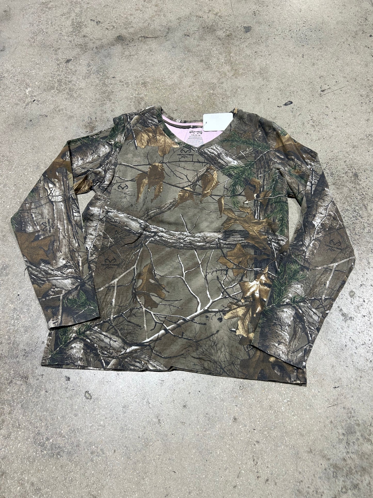 Womens Real Tree Camo V Neck Long Sleeve Tee - Multi/Pink Size Large
