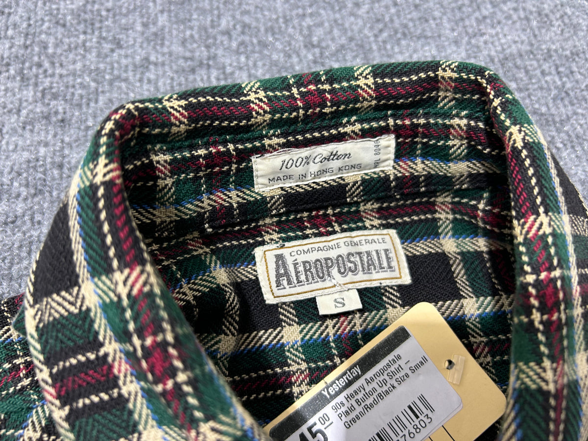 90s Heavy Aeropostale Plaid Button Up Shirt - Green/Red/Black Size Small