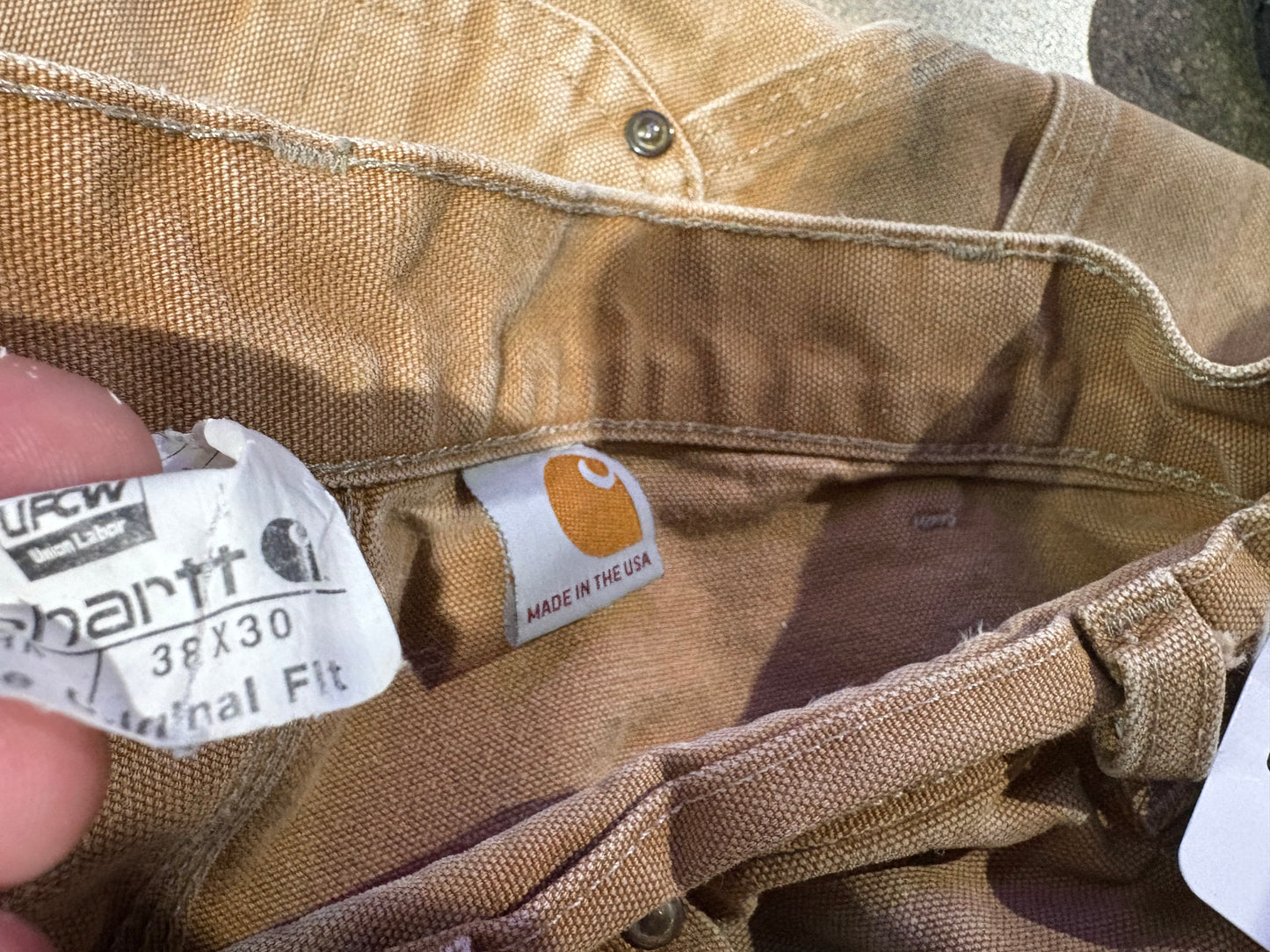 Distressed Carhartt Double Knee Pants - Faded Khaki Size 38x30