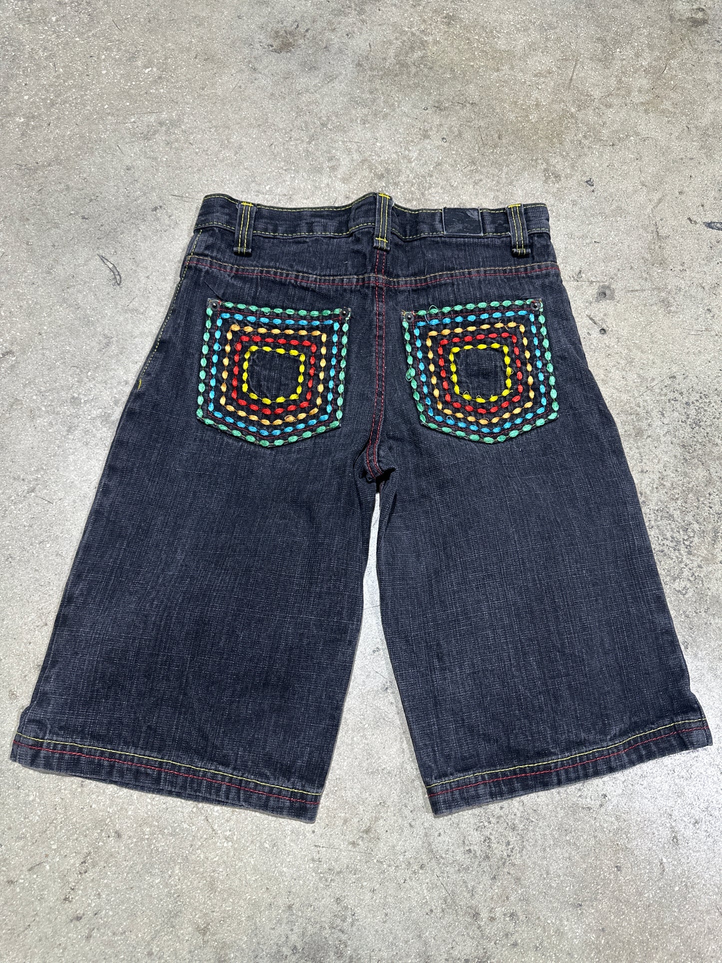 Refuse Multicolor Embroidery Denim Shorts - Black Size 8