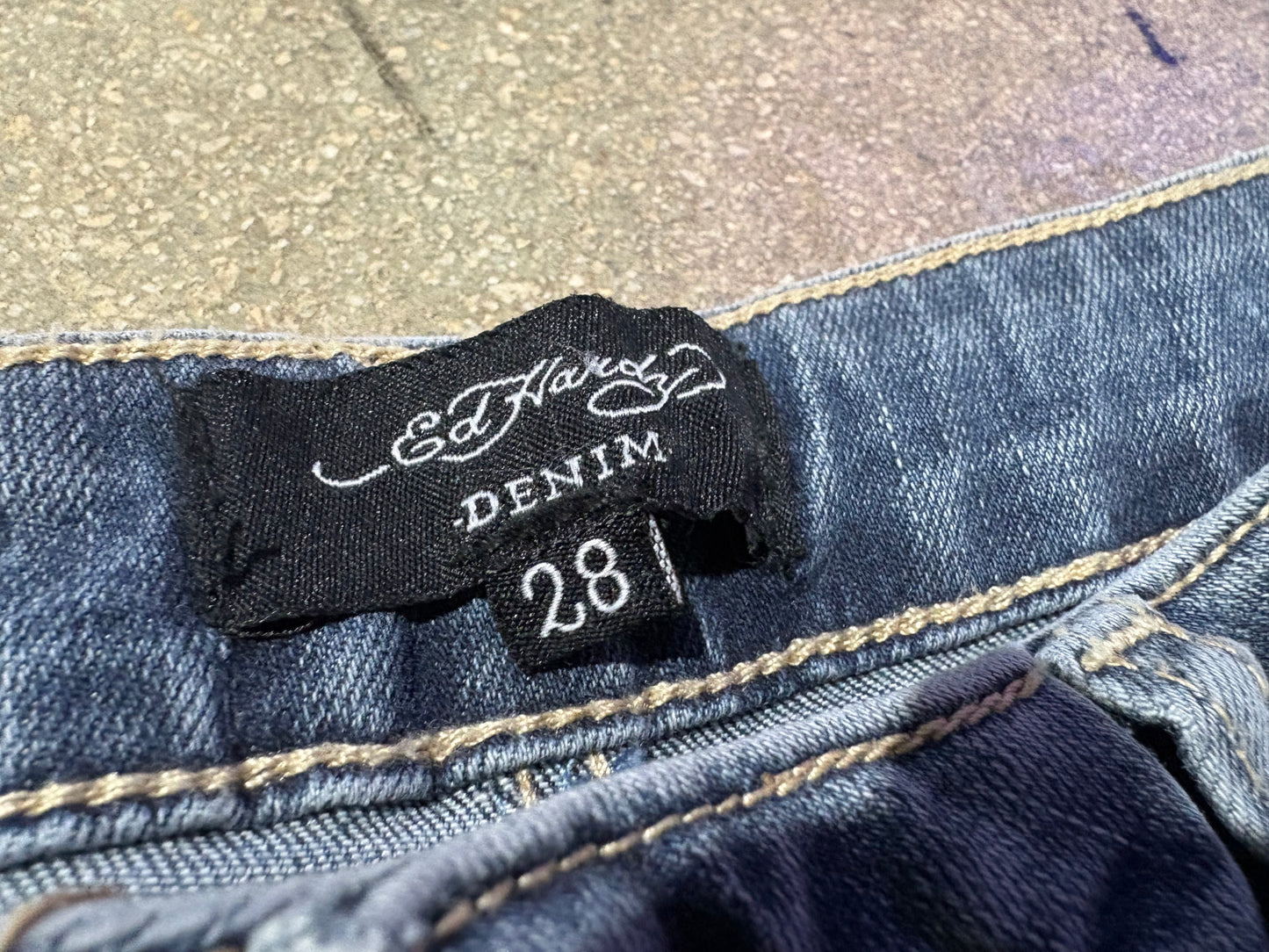 Ed Hardy Embroidered Baggy Denim Jeans - Blue Size 28