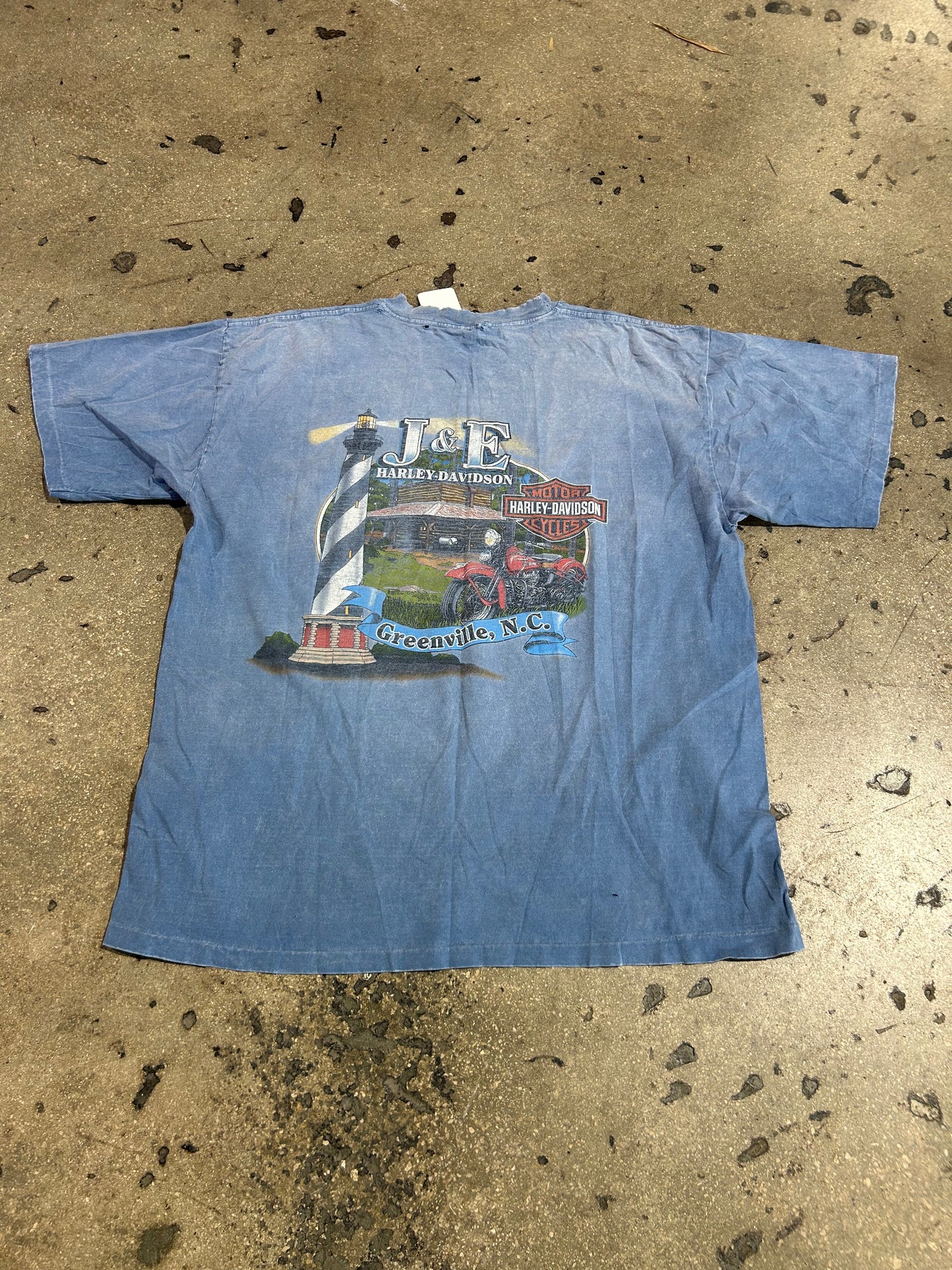 Thrashed/Distressed Harley Davidson Greenville Tee - Faded Blue Size Large