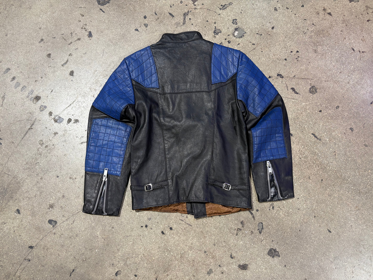 Leather Padded Motorcycle Biker Jacket - Black / Blue Size Small (No Zipper Pull)
