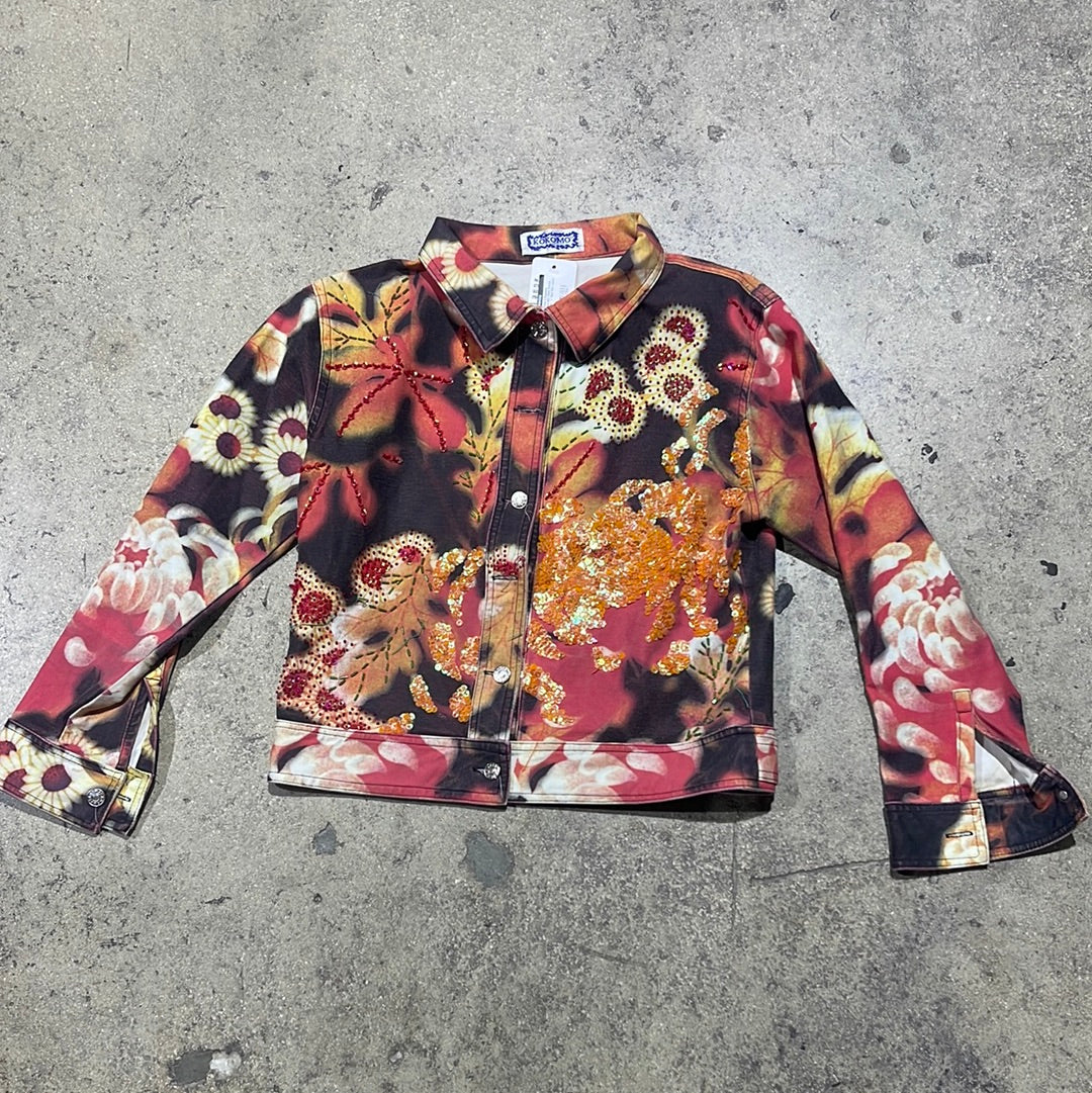 Women's Kokomo Bedazzled Floral Denim Jacket - Red Size Large