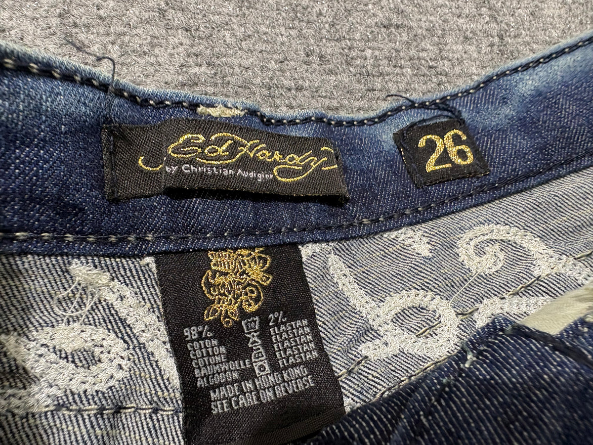 Ed Hardy Embroidered Denim Micro Shorts - Blue Size 26