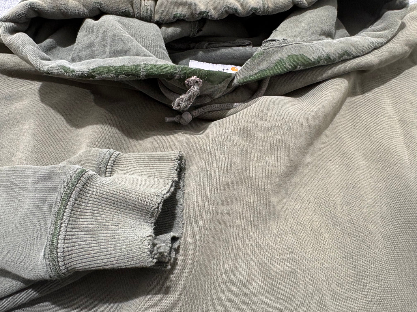 Distressed Carhartt Pull Over Hoodie - Faded Olive Size XL