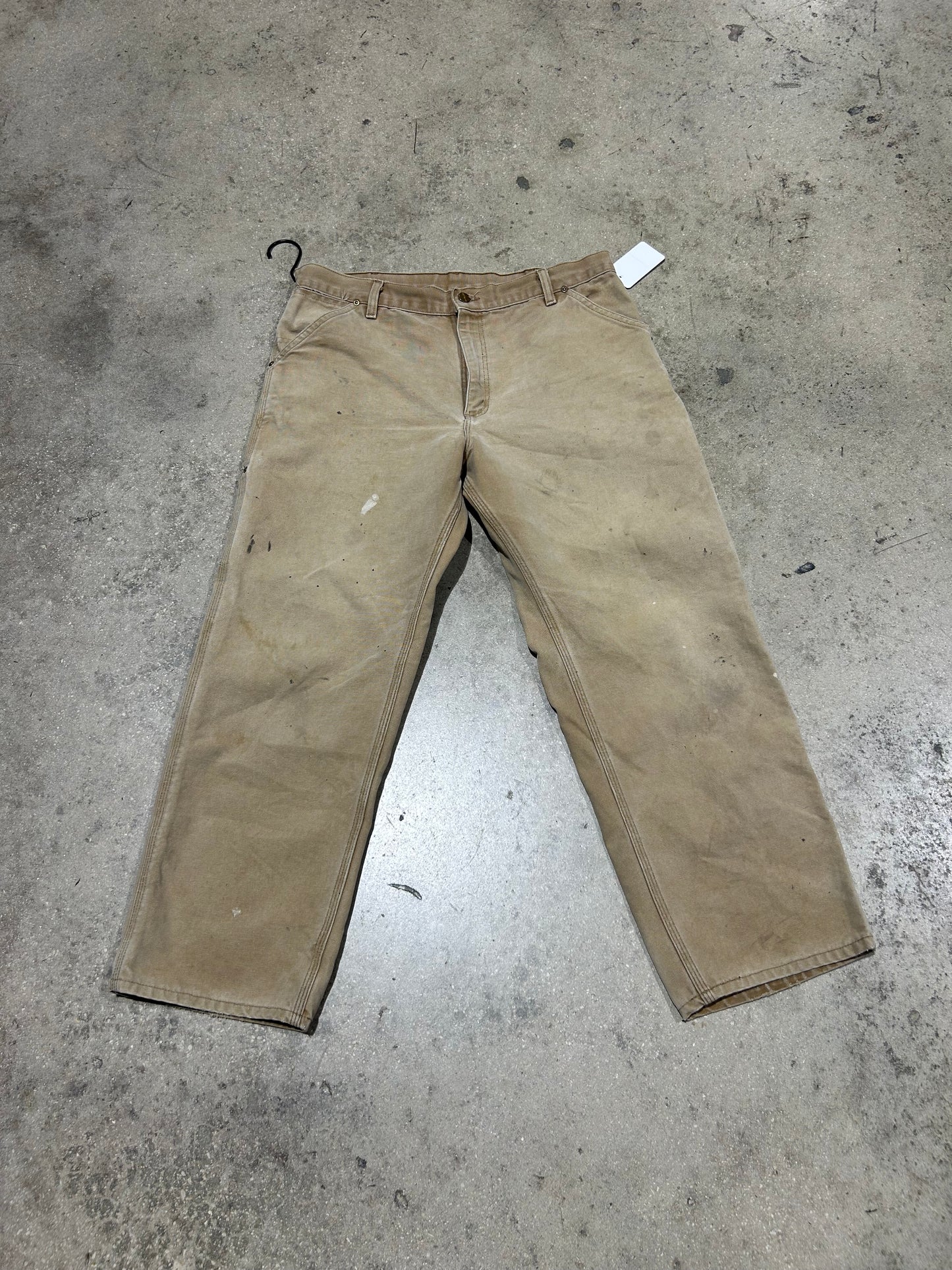 Distressed Carhartt Carpenter Pants - Faded Khaki Size 36x30