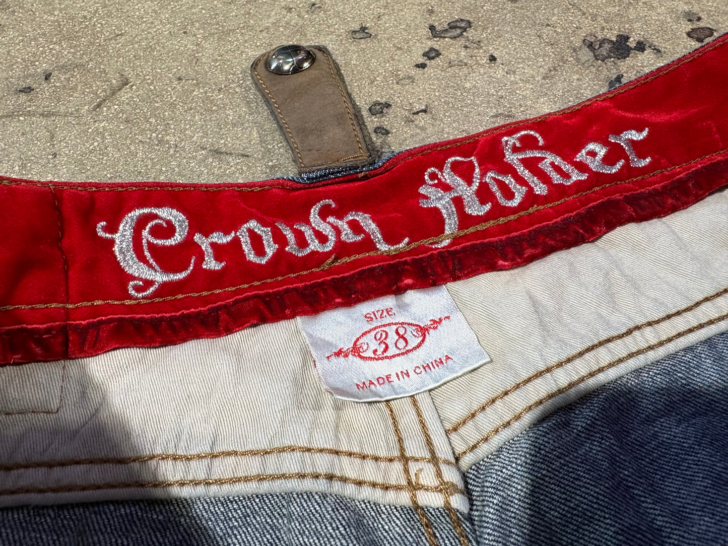 Crown Holder Denim Velour Pocket Denim Jeans - Blue / Green Size 38