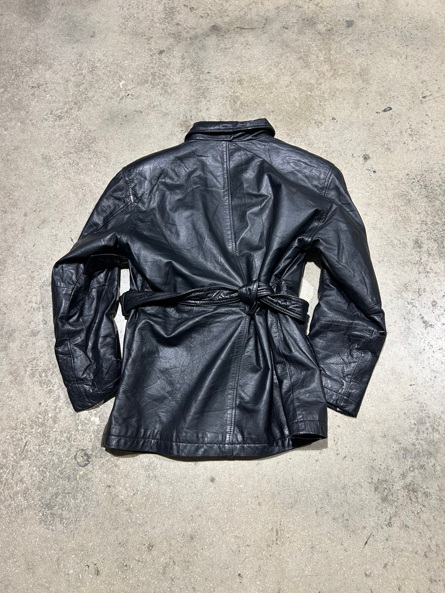 WMNS Leather Short Trench Coat - Black Size Medium