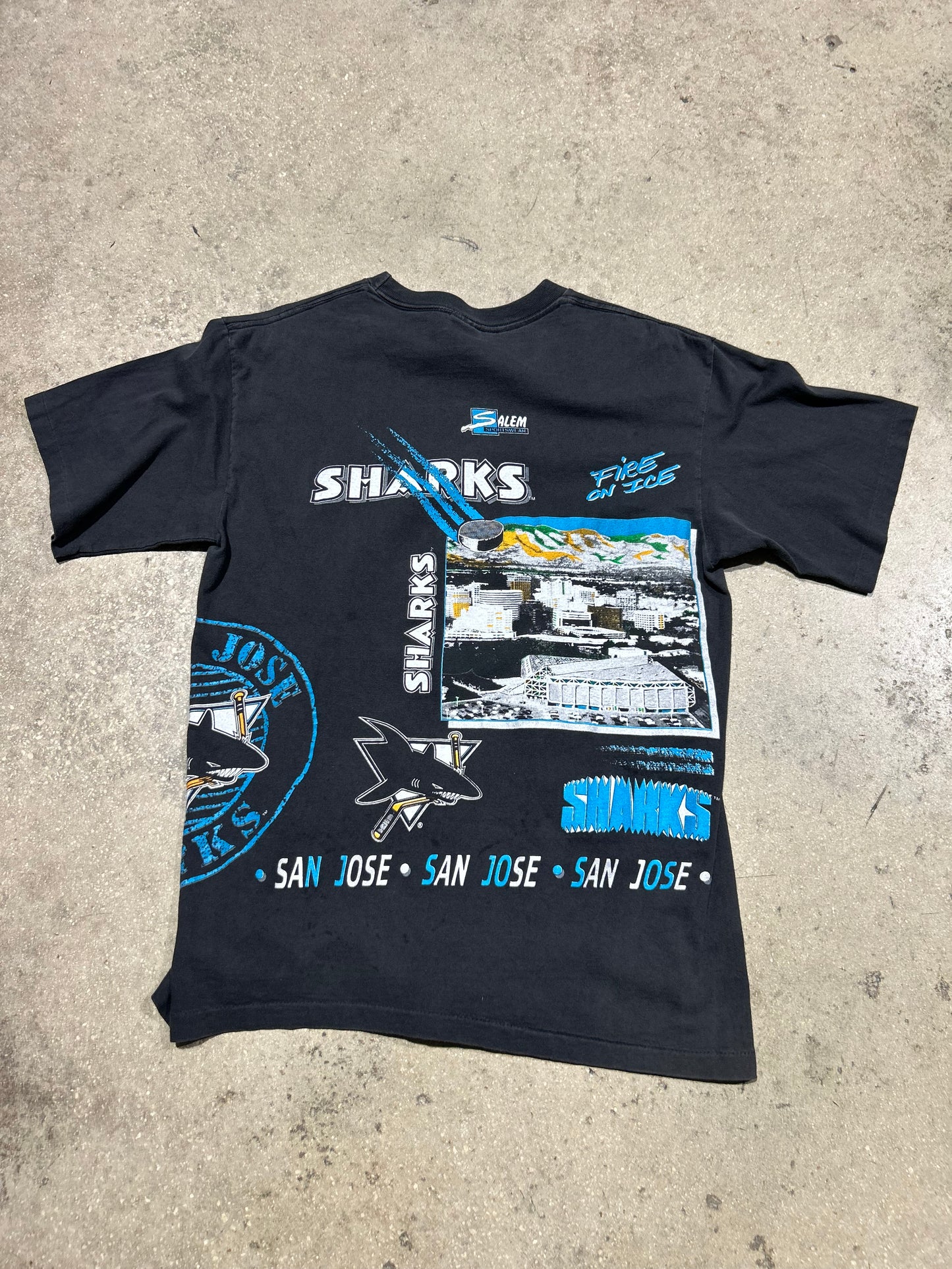 90s Salem San Jose Sharks AOP Tee - Faded Black Size Large