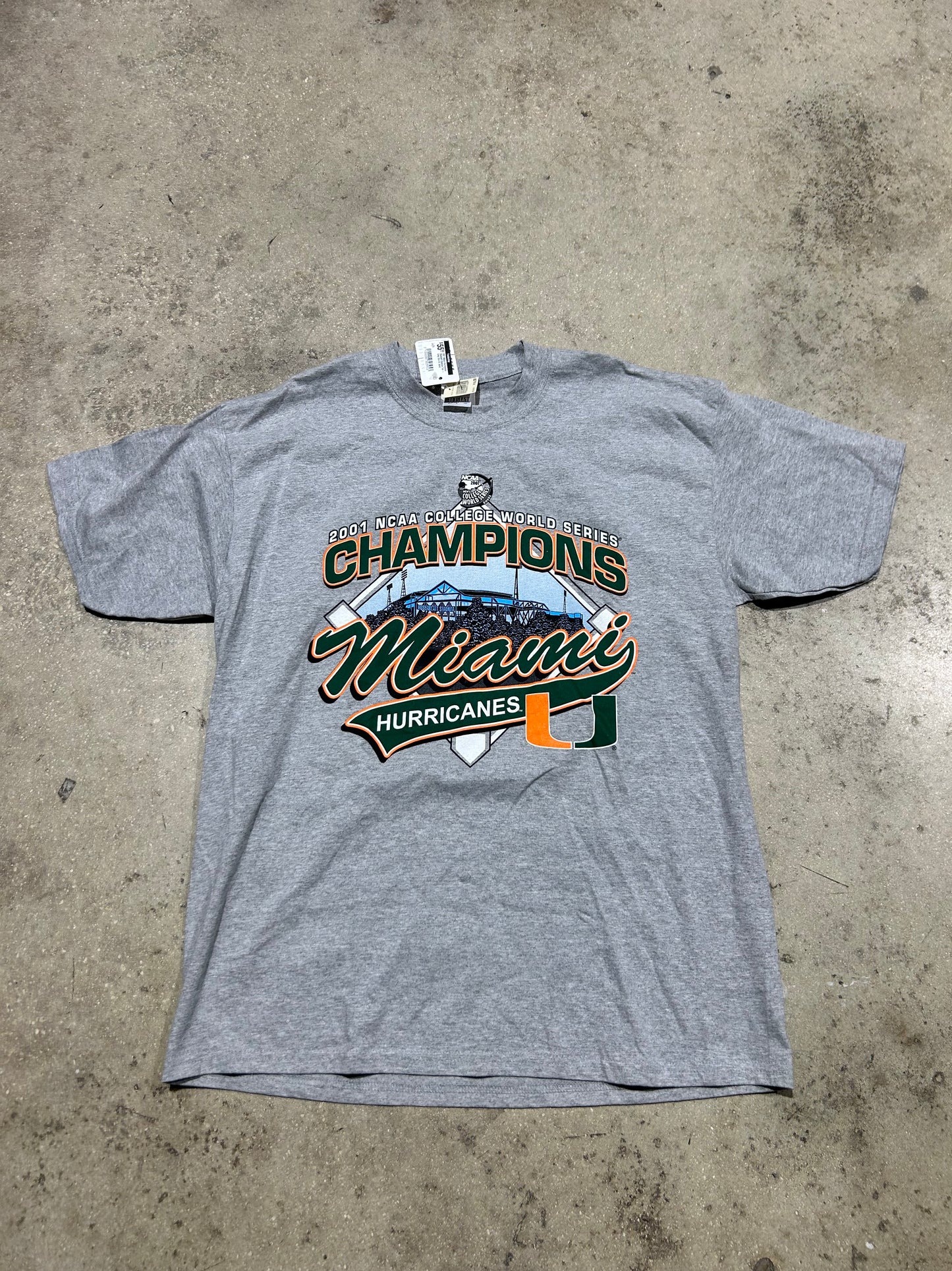 2001 Miami Hurricanes Baseball Champs Tee - Gray Size XL