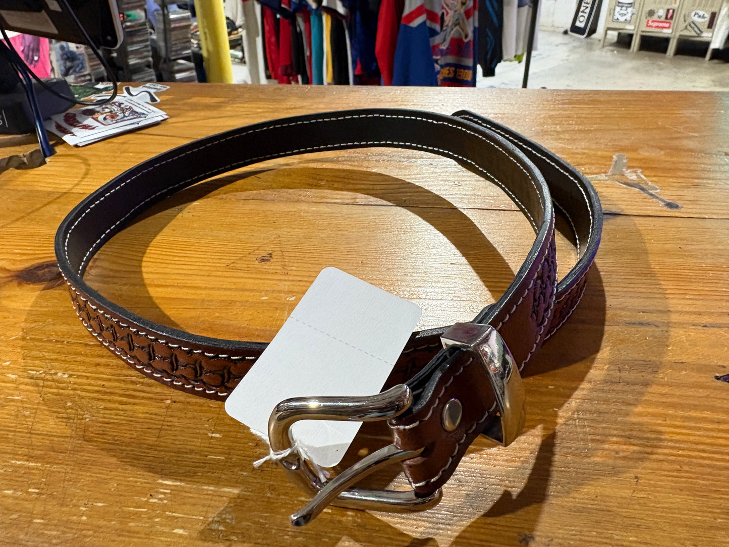 Patterned Jesus Leather Belt - Brown Size 40