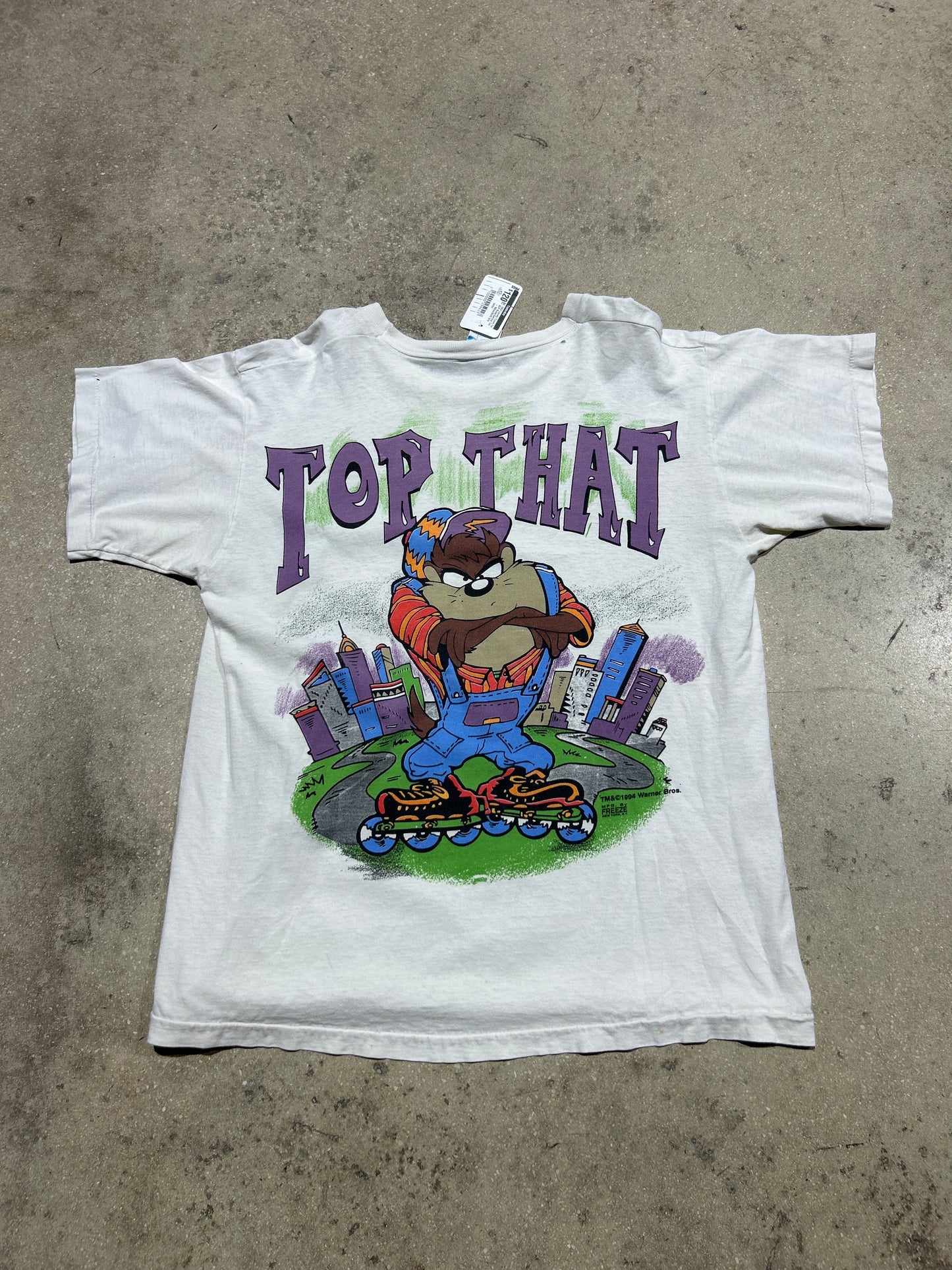 1994 Looney Tunes Taz AOP Rollerblading Tee - White/Multi Size Large