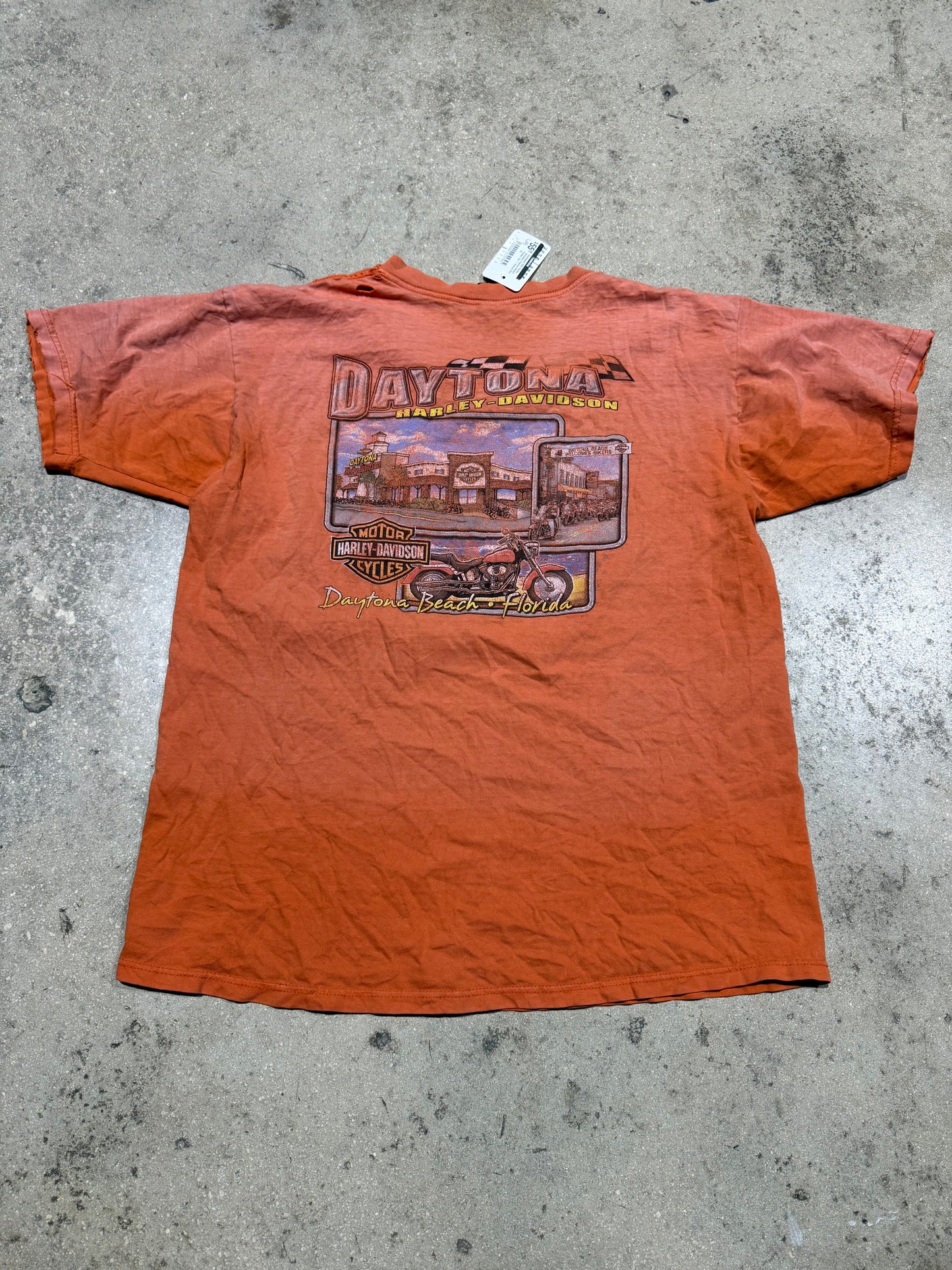 Distressed 2002 Harley Davidson Daytona Beach Pocket Tee - Orange Size XL